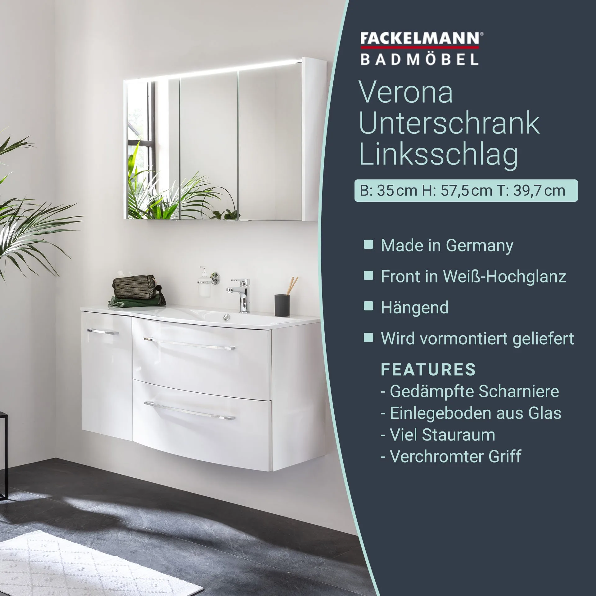 FACKELMANN VERONA Unterschrank 35 cm breit, Weiß Hochglanz, Türanschlag links