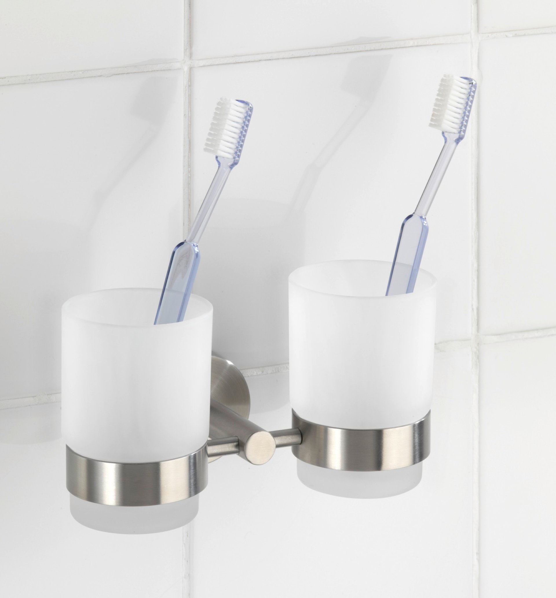 WENKO DUO BOSIO Zahnputzbecher, Chrom matt, mit Halter, Edelstahl rostfrei