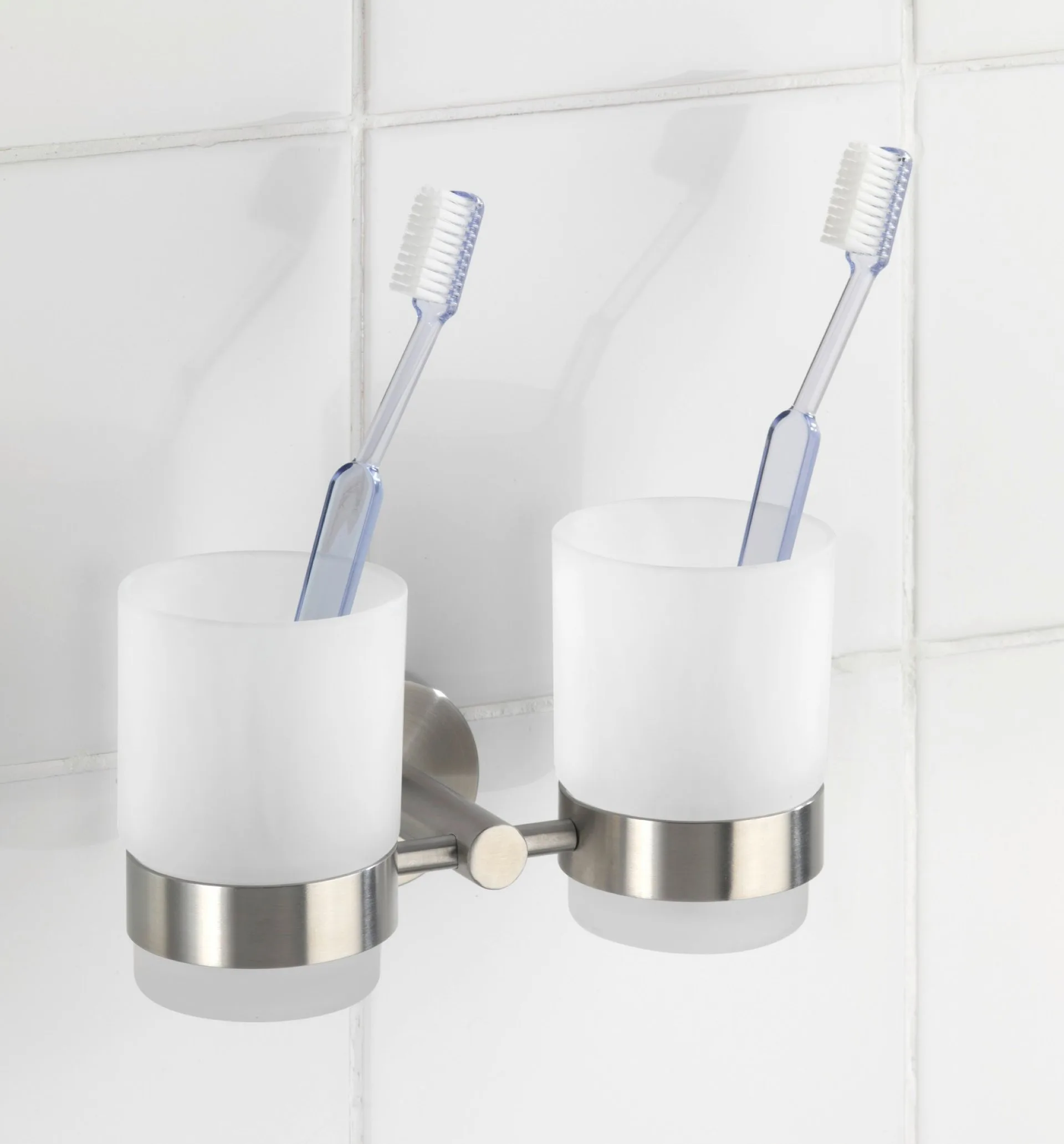 WENKO DUO BOSIO Zahnputzbecher, Chrom matt, mit Halter, Edelstahl rostfrei