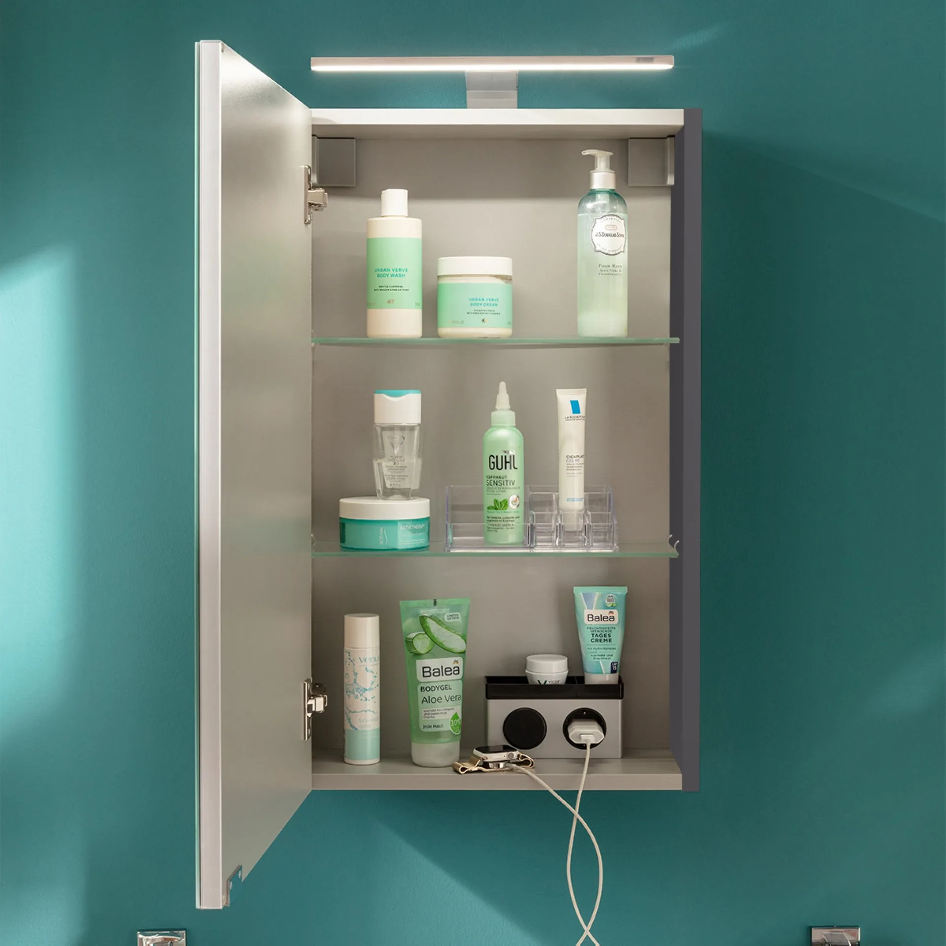 FACKELMANN SBC LUNA Gäste WC Spiegelschrank 40 cm breit, Anthrazit, Türanschlag links + Aufsatzleuchte