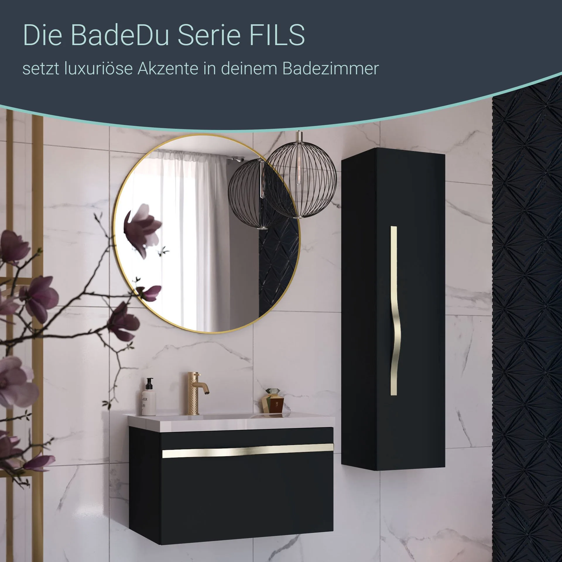 BADEDU FILS Waschbecken mit Unterschrank 69 cm breit, Schwarz, Waschbecken Gussmarmor Weiß, Griff Silber