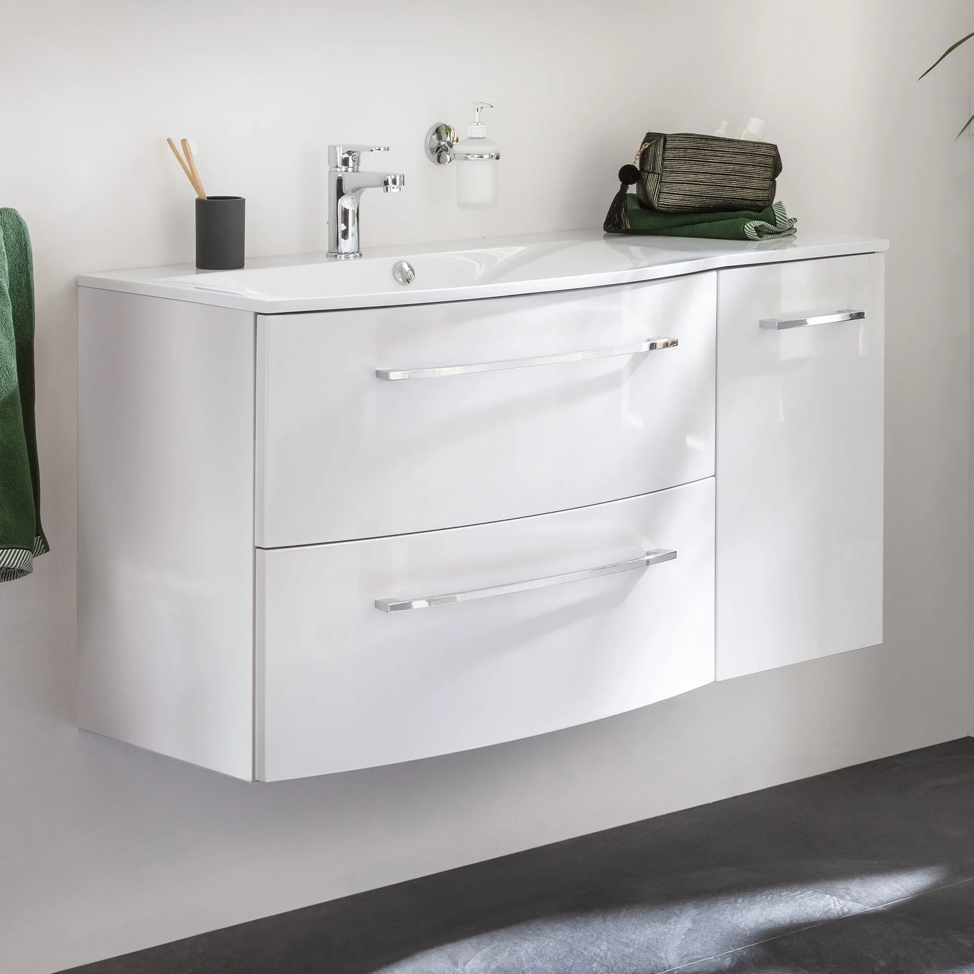 FACKELMANN VERONA Waschbecken mit Unterschrank 115 cm breit, Weiß, Waschbecken Gussmarmor Weiß + Unterschrank Türanschlag rechts