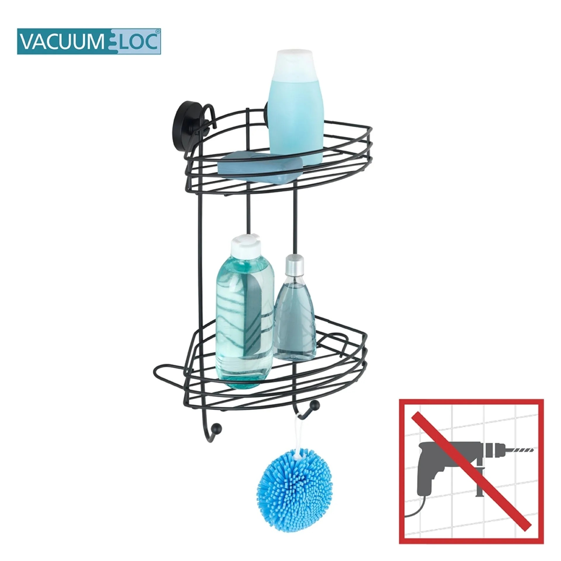 WENKO VACUUM LOC Dusch Eckablage, Schwarz matt, 2 Etagen, Befestigen ohne Bohren