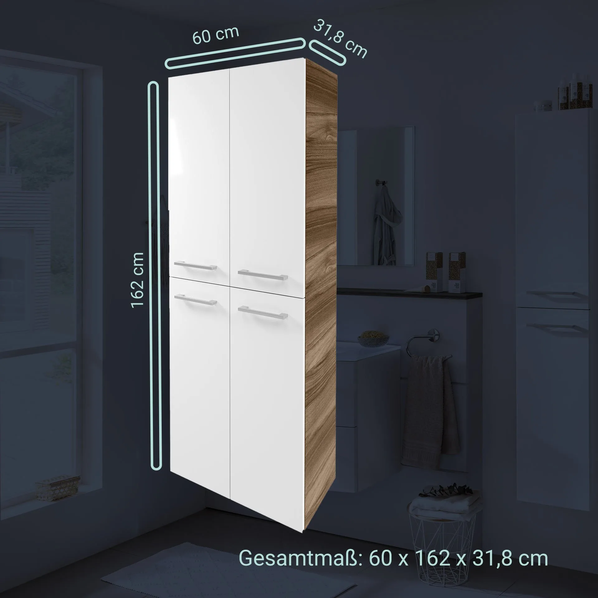 FACKELMANN VERONA Doppel Hochschrank 60 cm breit, Weiß Hochglanz/Braun Dunkel, mit Schublade