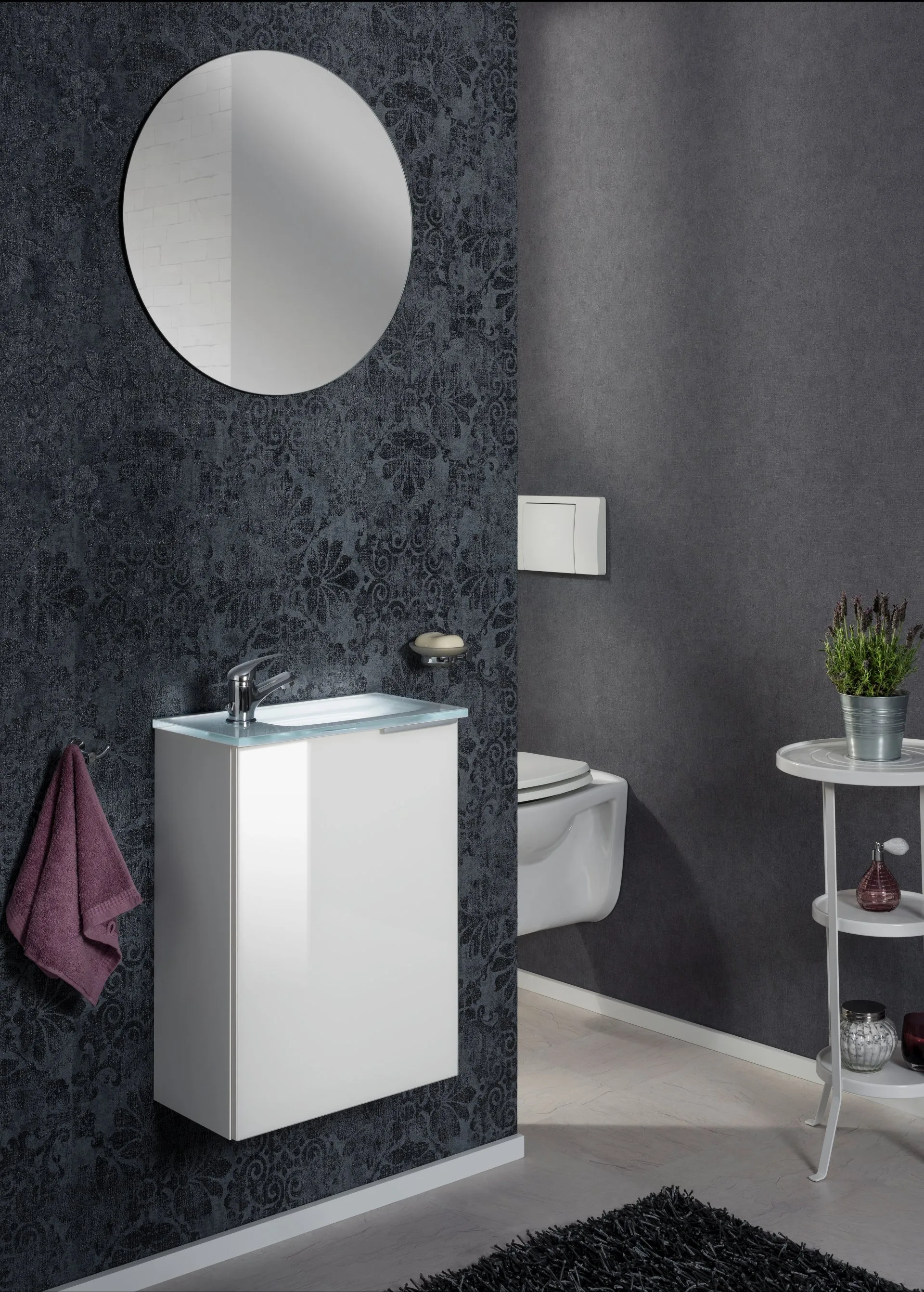 FACKELMANN SBC KARA Gäste WC Waschtisch Set 45 cm breit, Weiß, Waschbecken Glas Weiß, Türanschlag links