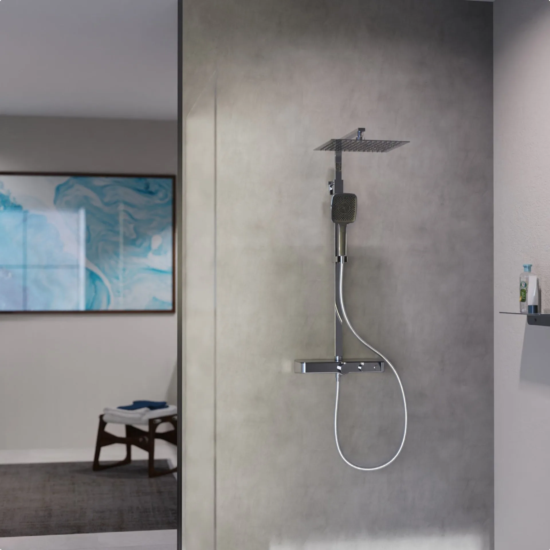 SCHÜTTE OCEAN Überkopf-Brauseset, Chrom/Anthrazit, mit Duschthermostat und Ablage