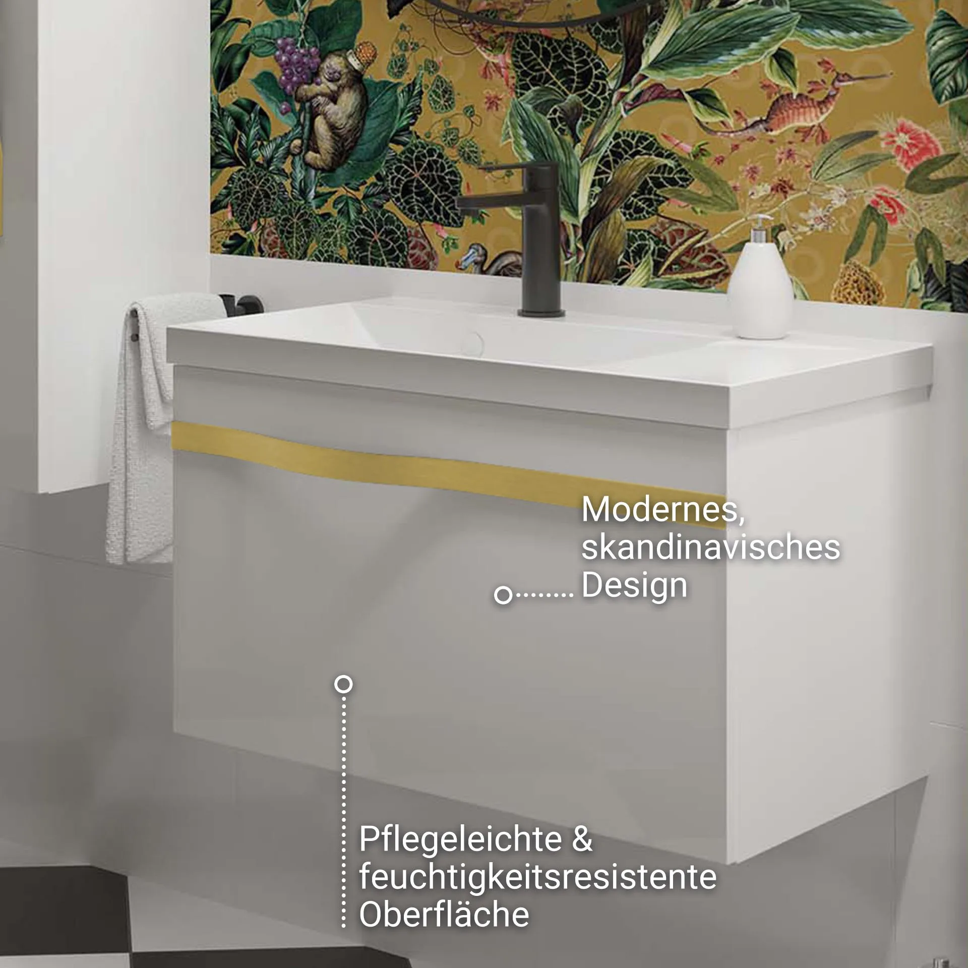 BADEDU FILS Waschbecken mit Unterschrank 69 cm breit, Weiß, Waschbecken Gussmarmor Weiß, Griff Gold
