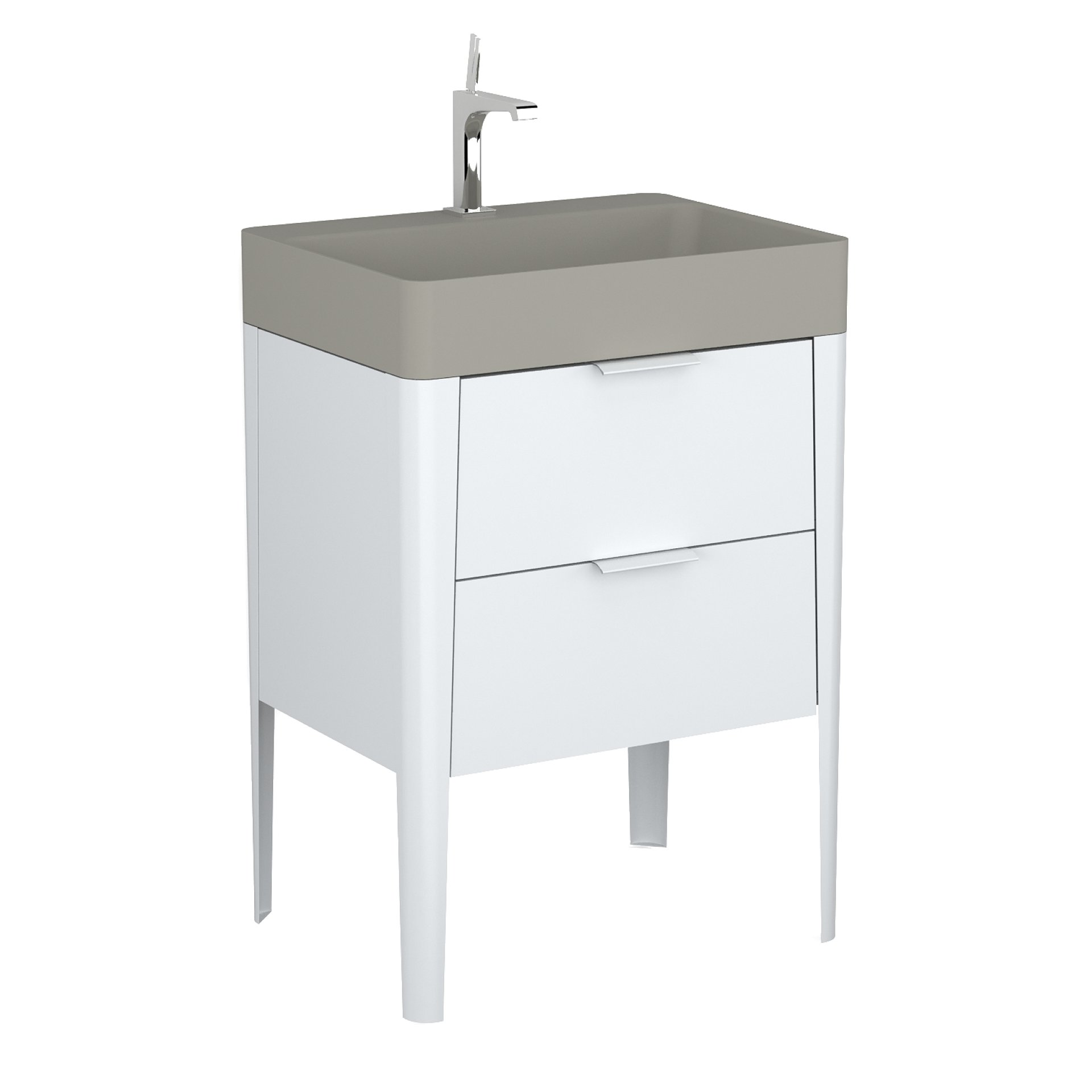 BADEDU SORA Waschbecken mit Unterschrank 60 cm breit, Weiß matt, Waschbecken Quarzkomposit Grau, aus Aluminium, mit Füßen