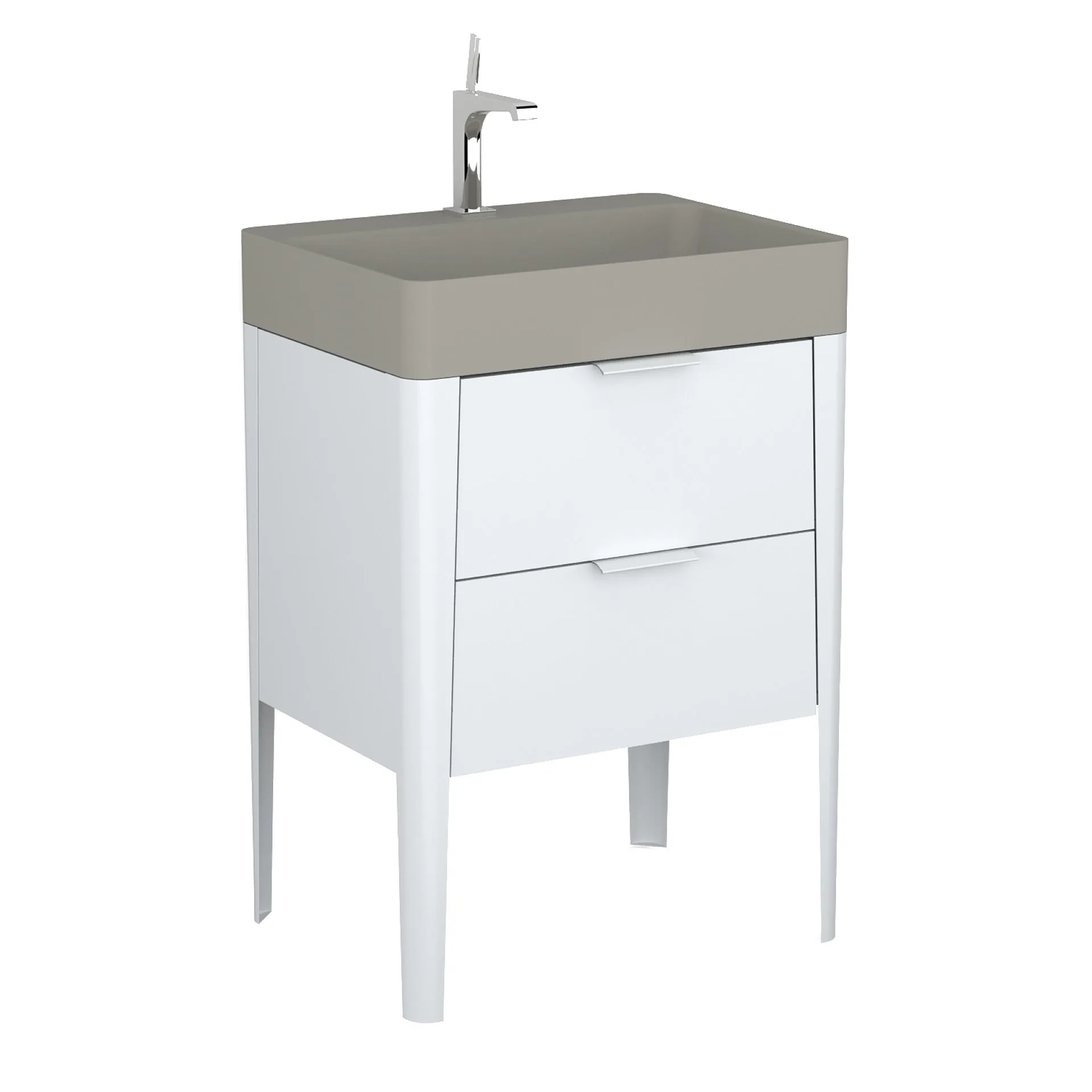 BADEDU SORA Waschbecken mit Unterschrank 60 cm breit, Weiß matt, Waschbecken Quarzkomposit Grau, aus Aluminium, mit Füßen