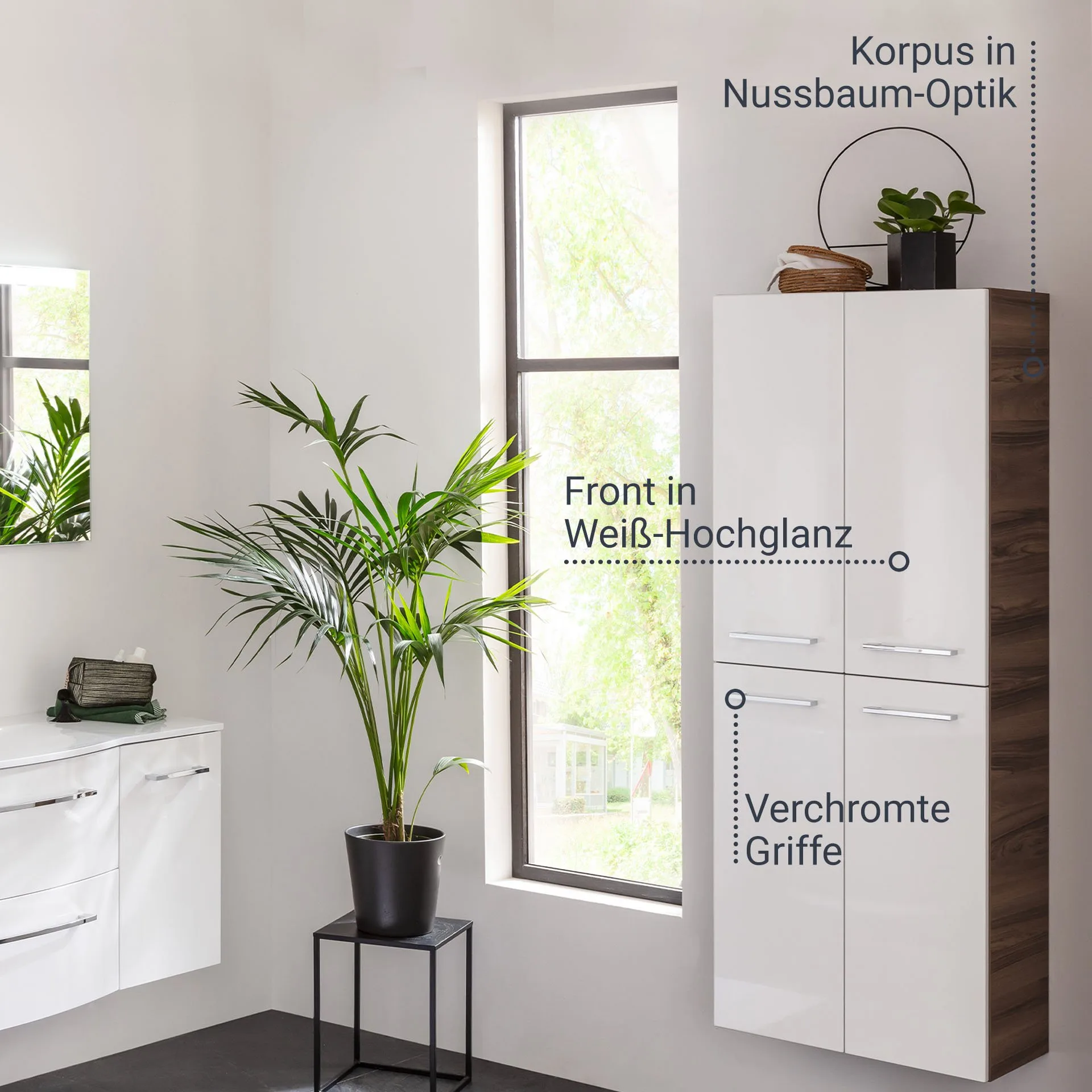 FACKELMANN VERONA Doppel Hochschrank 60 cm breit, Weiß Hochglanz/Braun Dunkel, mit Schublade