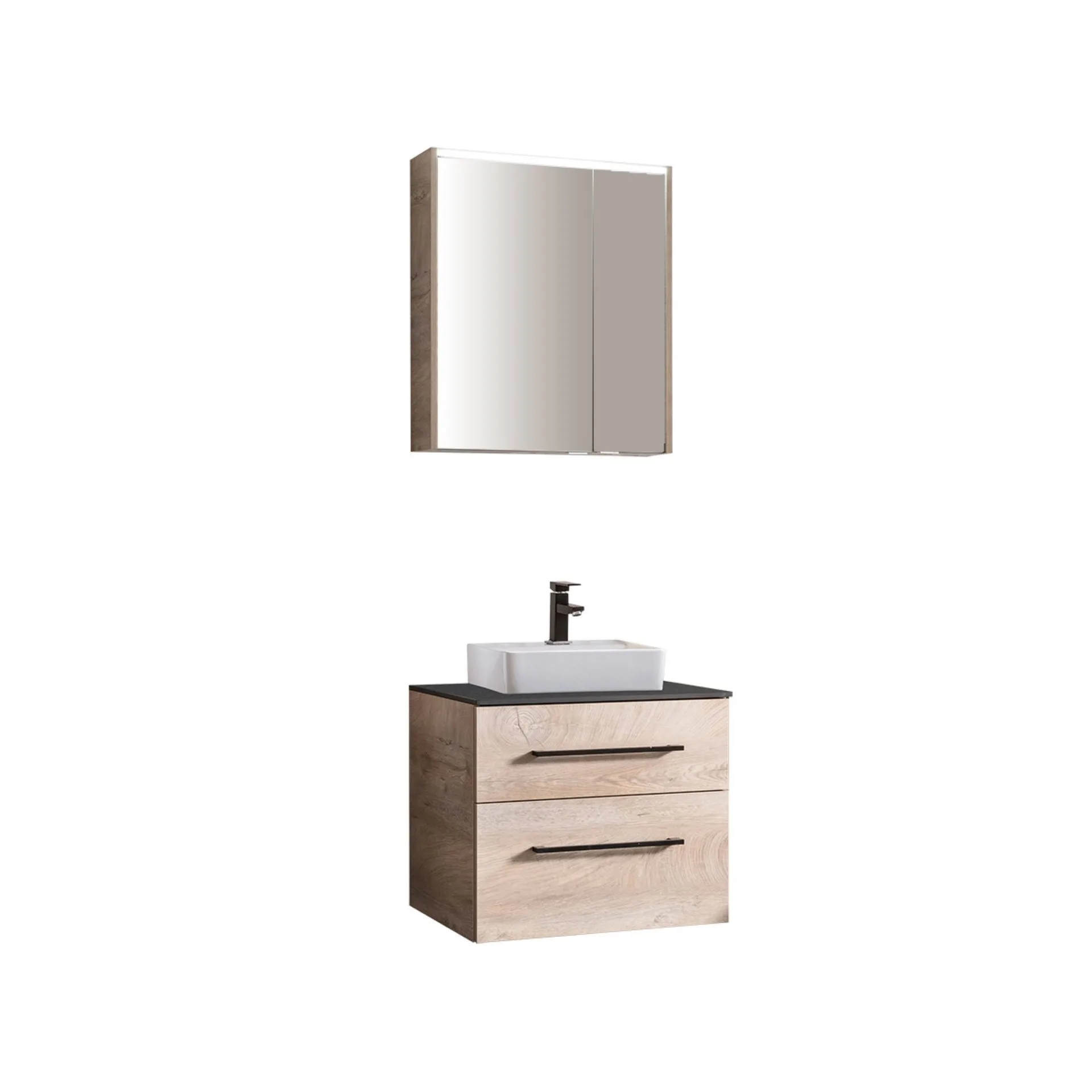 FACKELMANN OXFORD Badmöbel Set 4-teilig 60 cm breit, Braun hell, Aufsatzwaschbecken Keramik Weiß + Waschtischplatte + LED Spiegelschrank