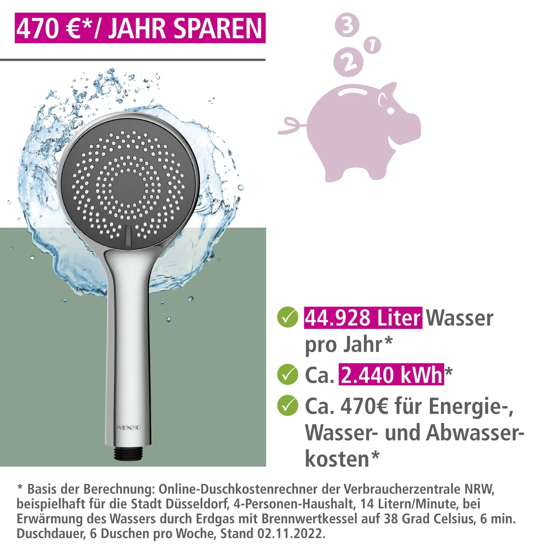 WENKO Duschkopf Ø 9,6 cm, Chrom, mit Wassersparsystem, 3 verschiedene Wasserstrahlarten