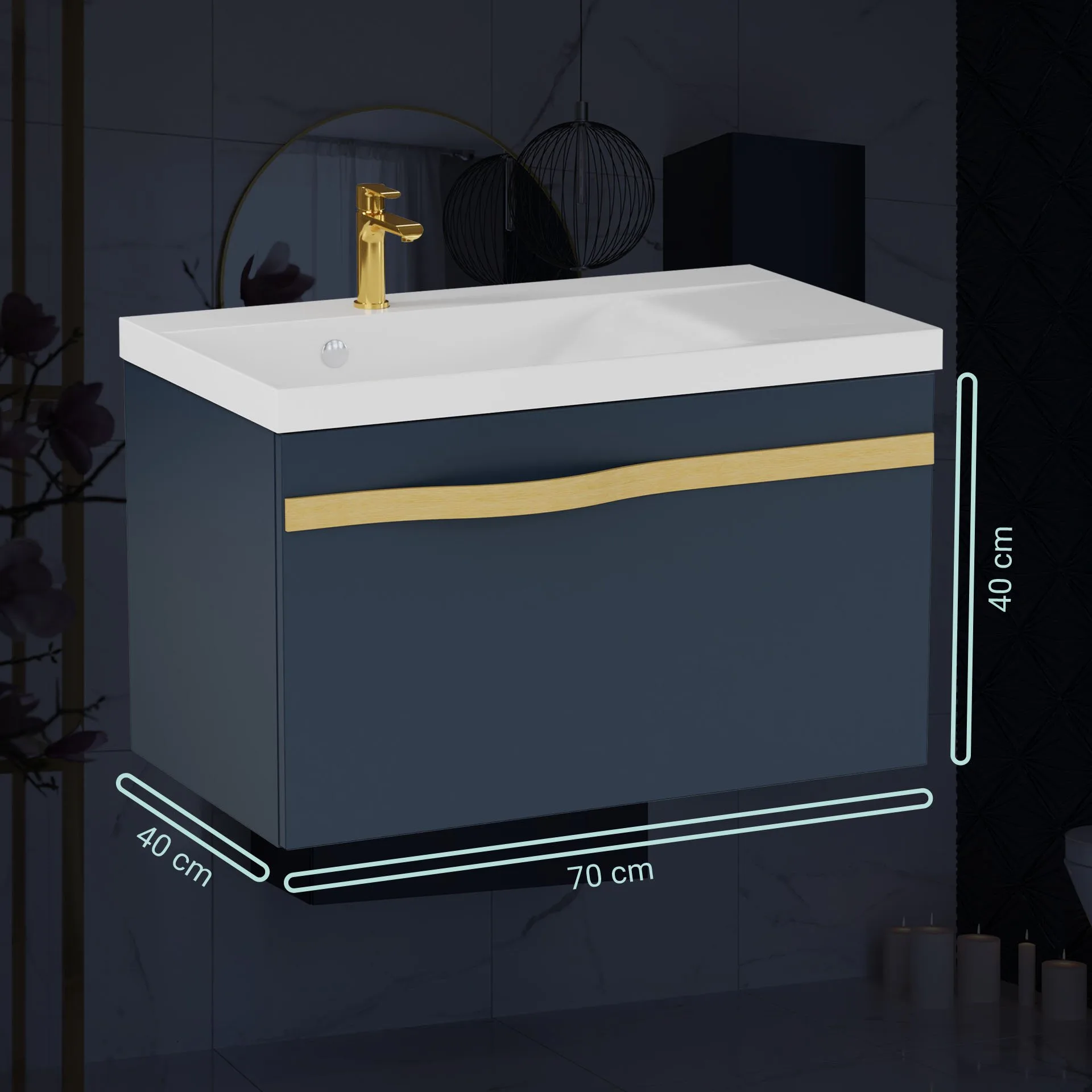 BADEDU FILS Waschbecken mit Unterschrank 69 cm breit, Blau, Waschbecken Gussmarmor Weiß, Griff Gold