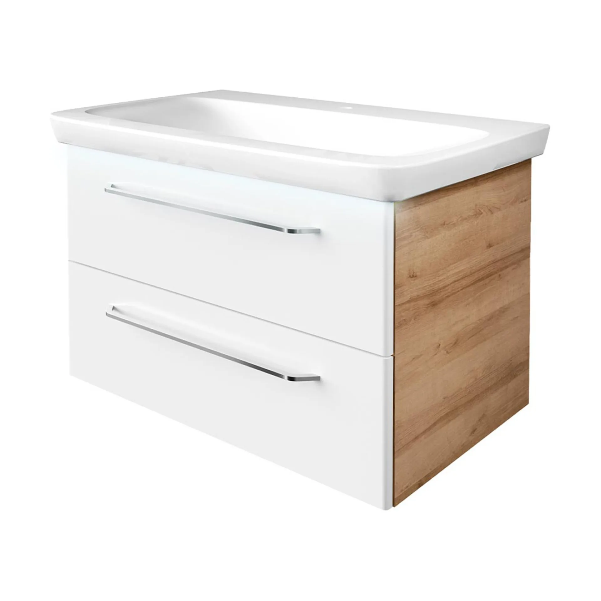 FACKELMANN MILANO Waschbecken mit Unterschrank 88 cm breit, Weiß/Braun hell, Waschbecken Keramik Weiß + Waschbeckenbeleuchtung