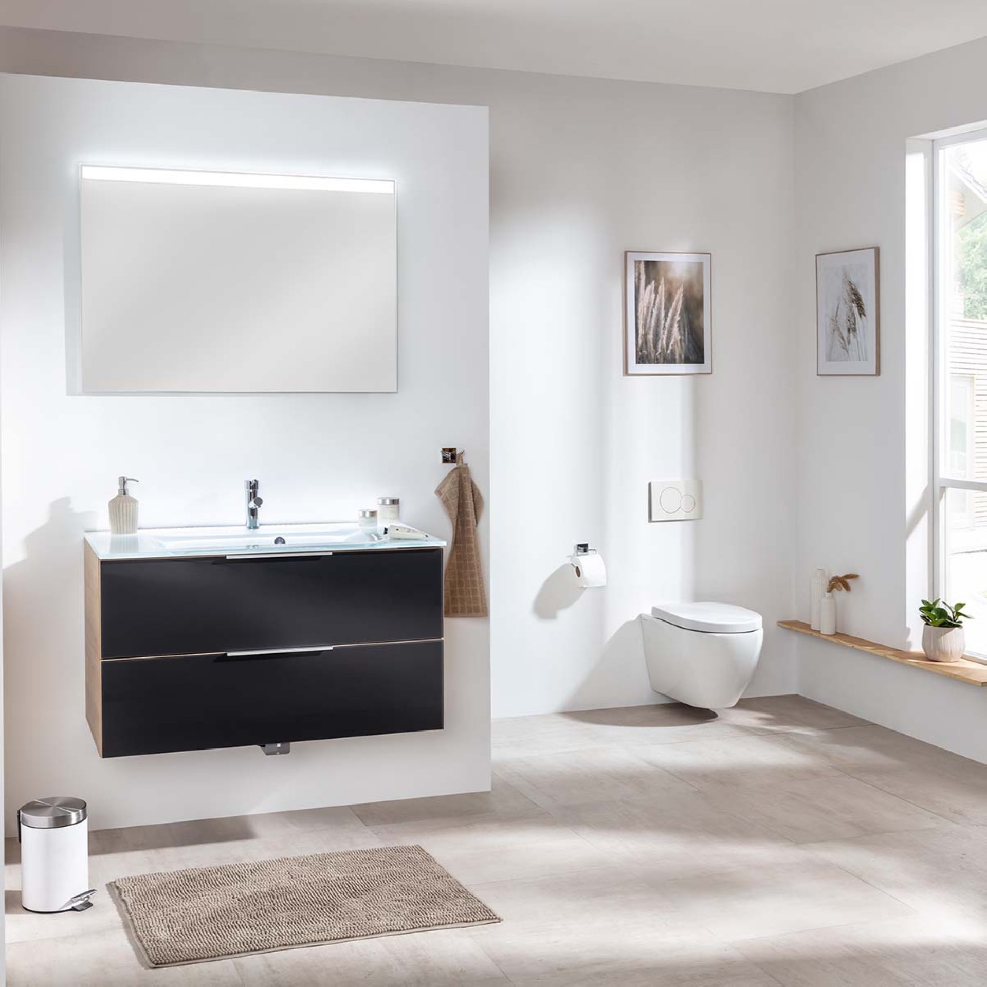 Fackelmann B. BRILLANT Badmöbel Set 3-teilig 100 cm, Anthrazit Glas/Braun hell, Glas Weiß+Spiegel