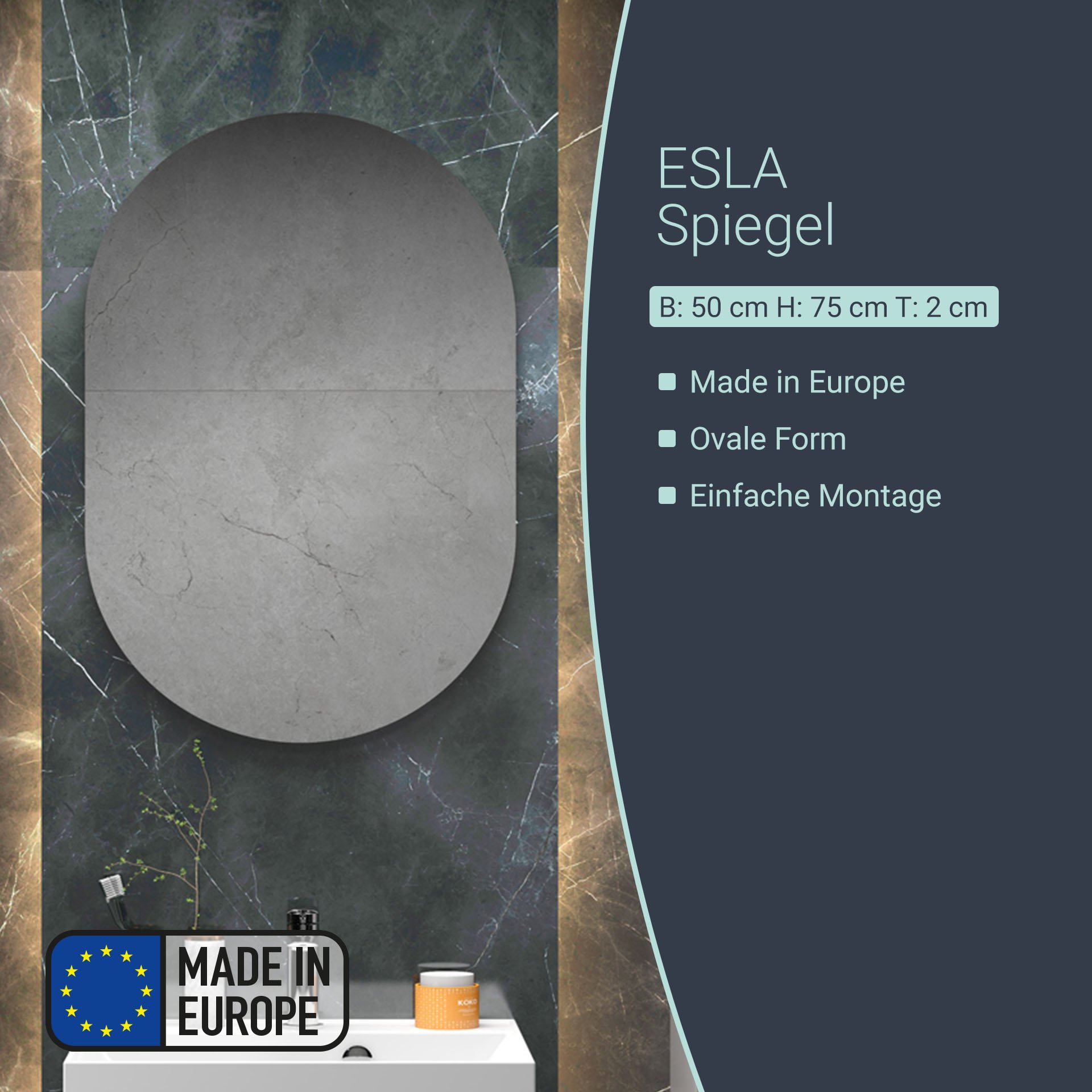 BADEDU ESLA Spiegel 50 cm breit, Grau