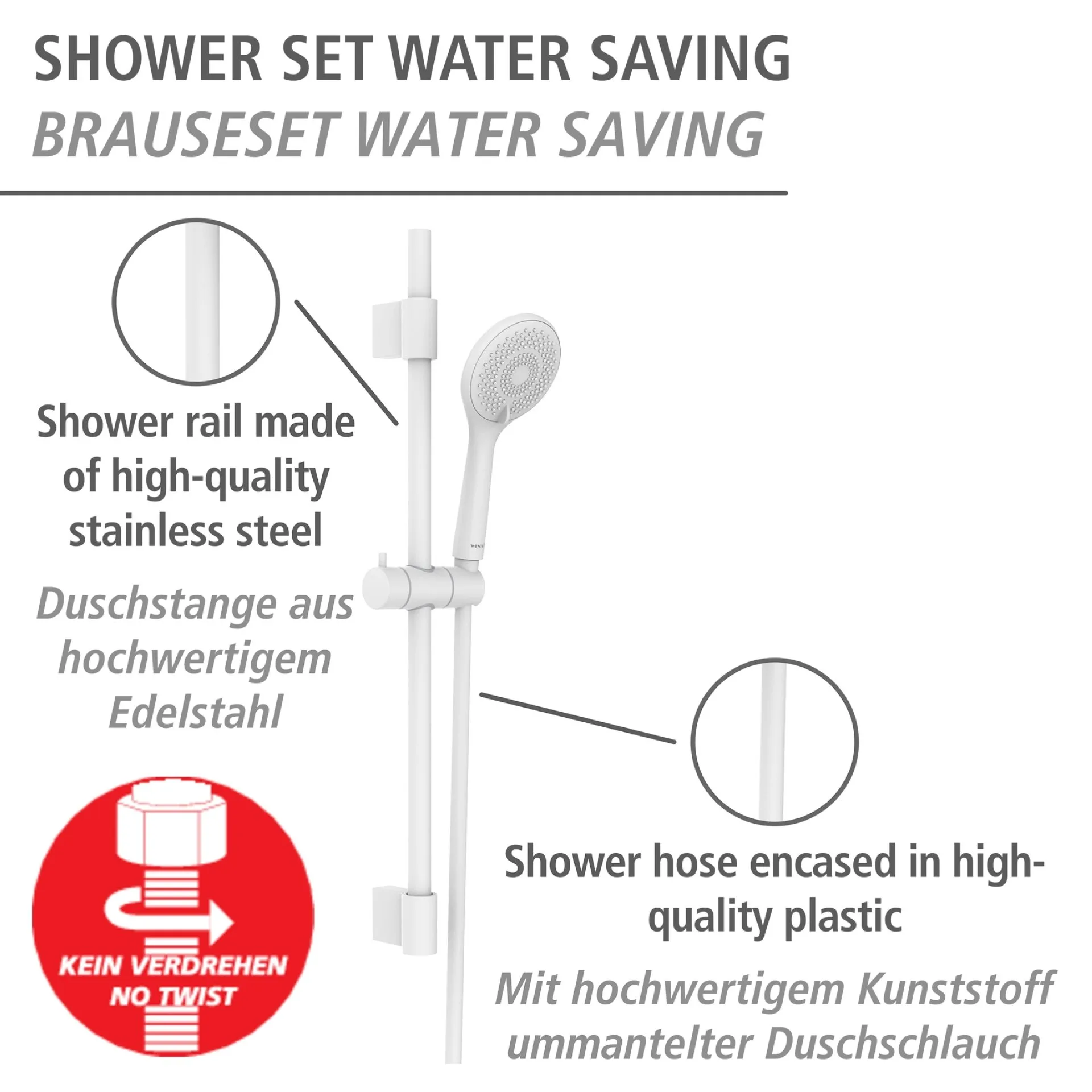 WENKO Stangenbrause Set 70 cm, Weiß, mit Wassersparsystem, 3 verschiedene Wasserstrahlarten, Edelstahl