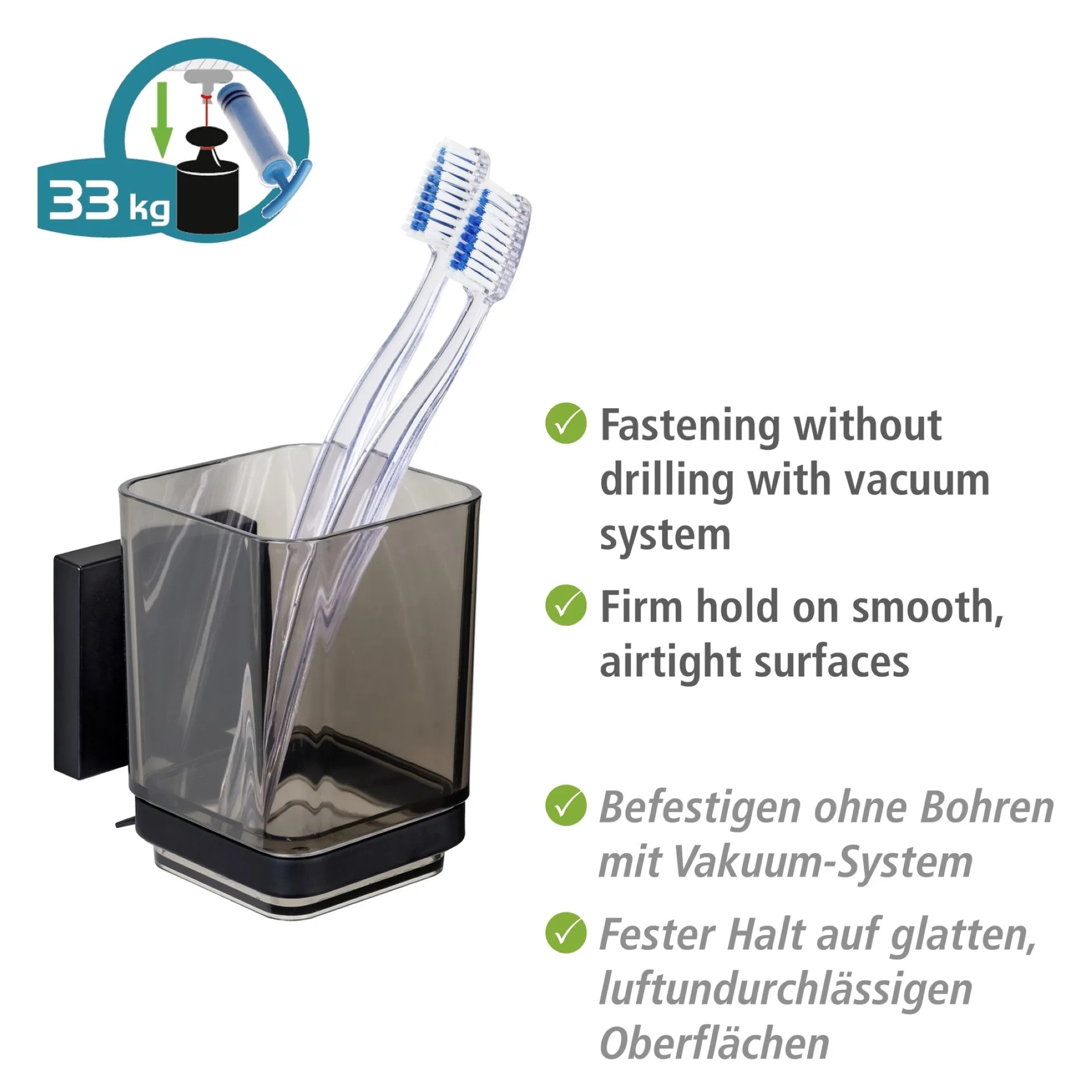 WENKO QUADRO Zahnputzbecher, Schwarz, Befestigen ohne Bohren