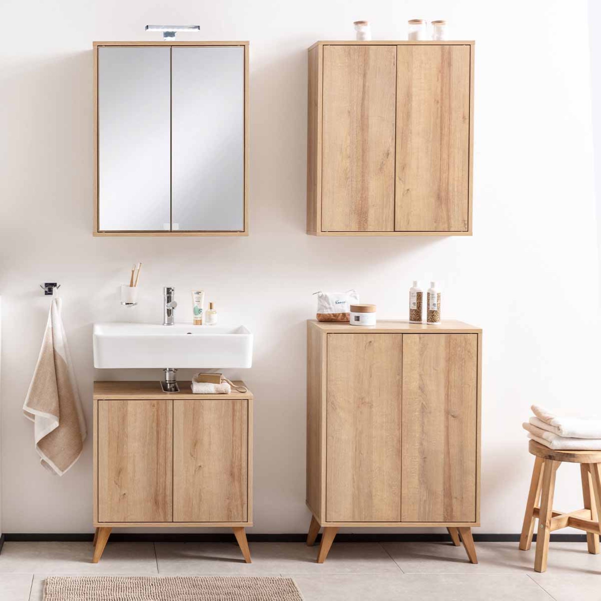 FACKELMANN FINN Doppel Midischrank + Waschbeckenunterschrank 60 cm breit, Braun hell, inklusive Holzfüße