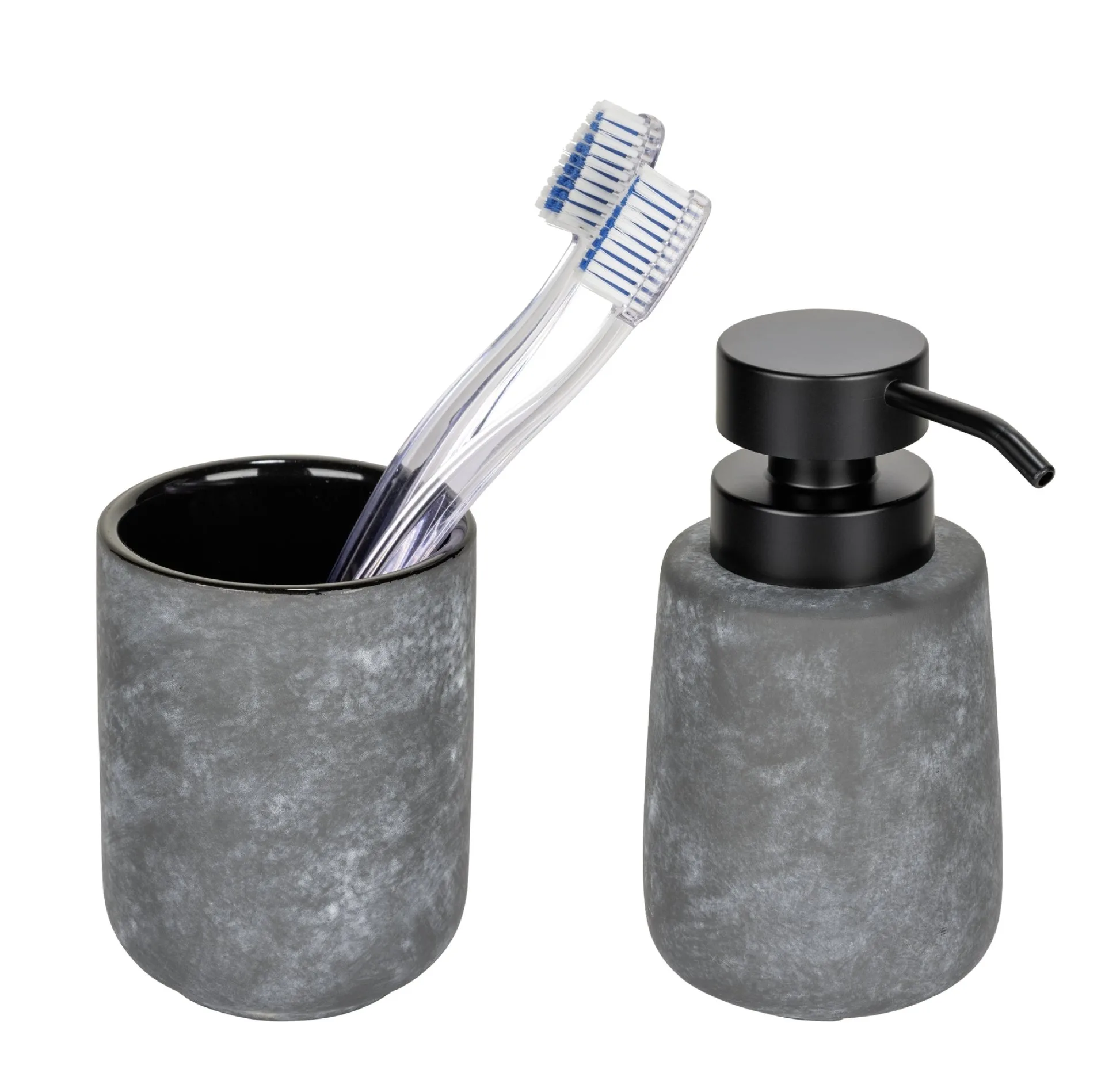 WENKO SACILE Accessoire Set, Grau, Zahnputzbecher, Seifenspender, Keramik