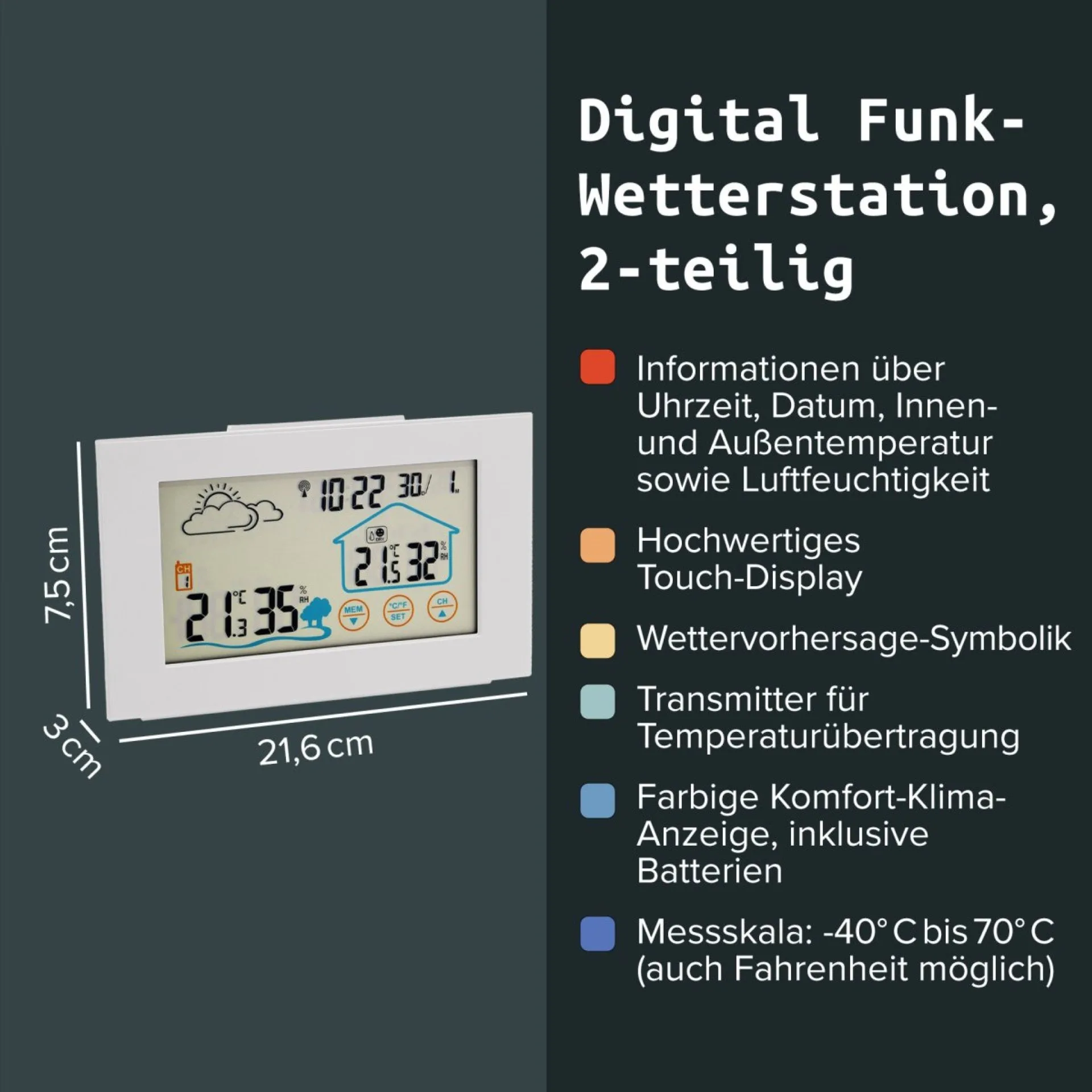 FACKELMANN Wetterstation 21,6 cm breit, Weiß, mit Funk