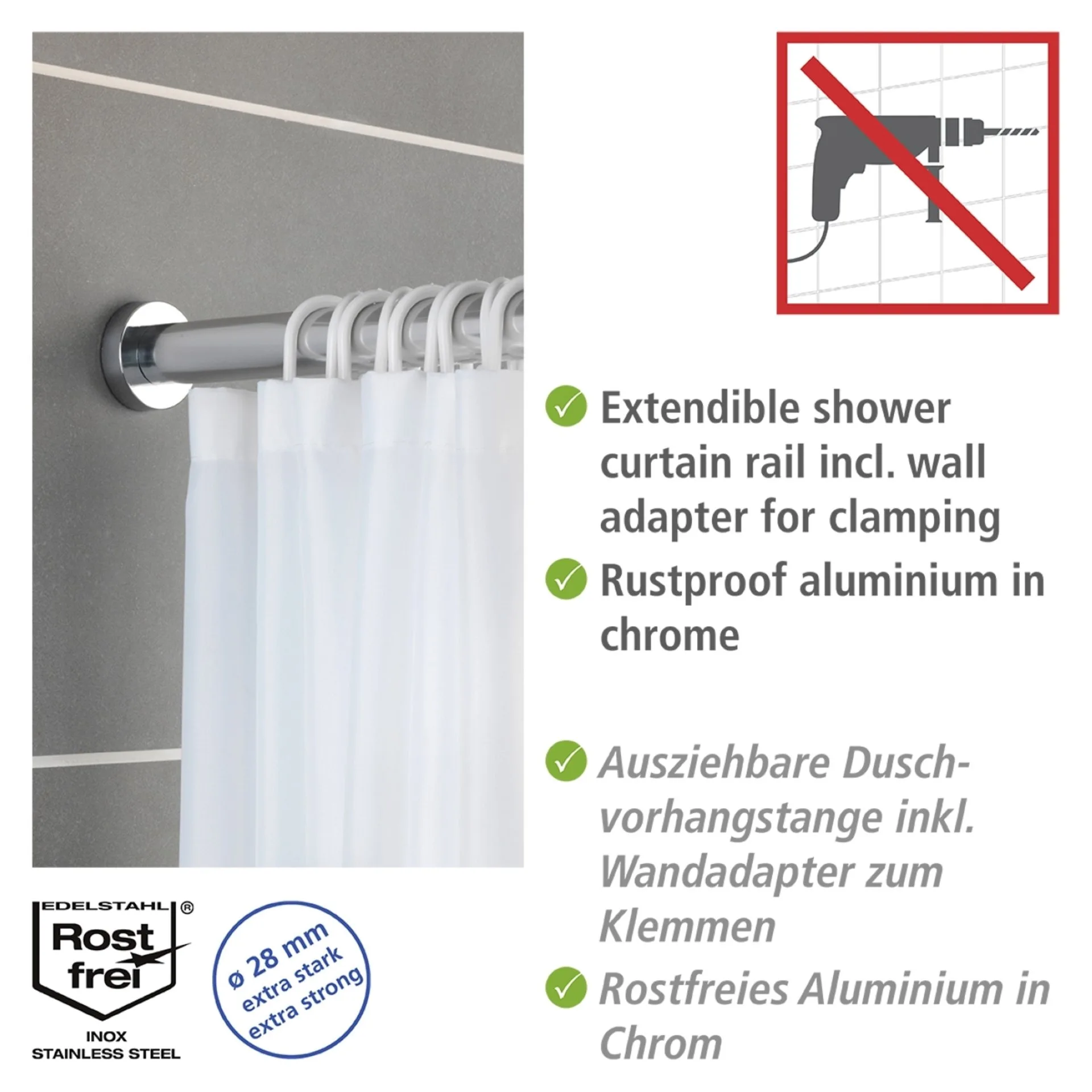 WENKO LUZ Teleskop Duschstange 70-115 cm, Chrom, Edelstahl rostfrei