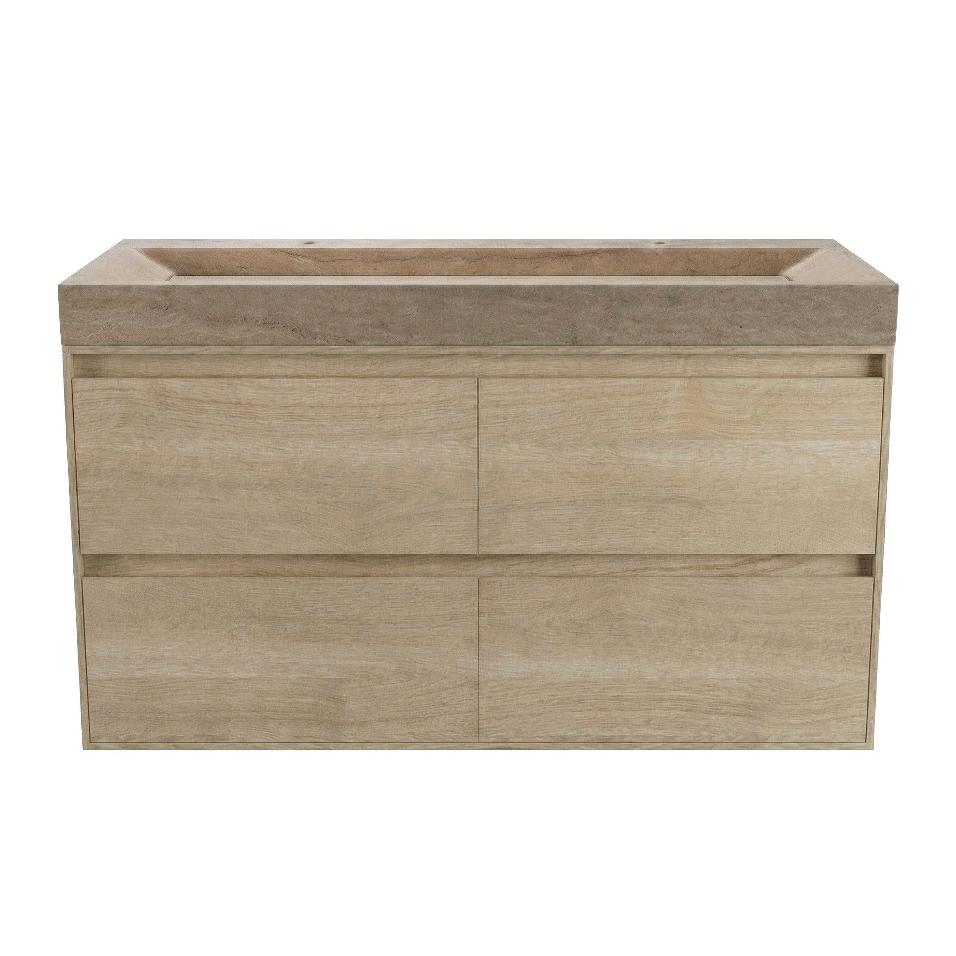FORZALAQUA IBIZA BELLEZZA Waschbecken mit Unterschrank 120 cm breit, Braun hell, Natursteinwaschbecken Travertin matt mit zwei Hahnlöchern, 4 Schubladen