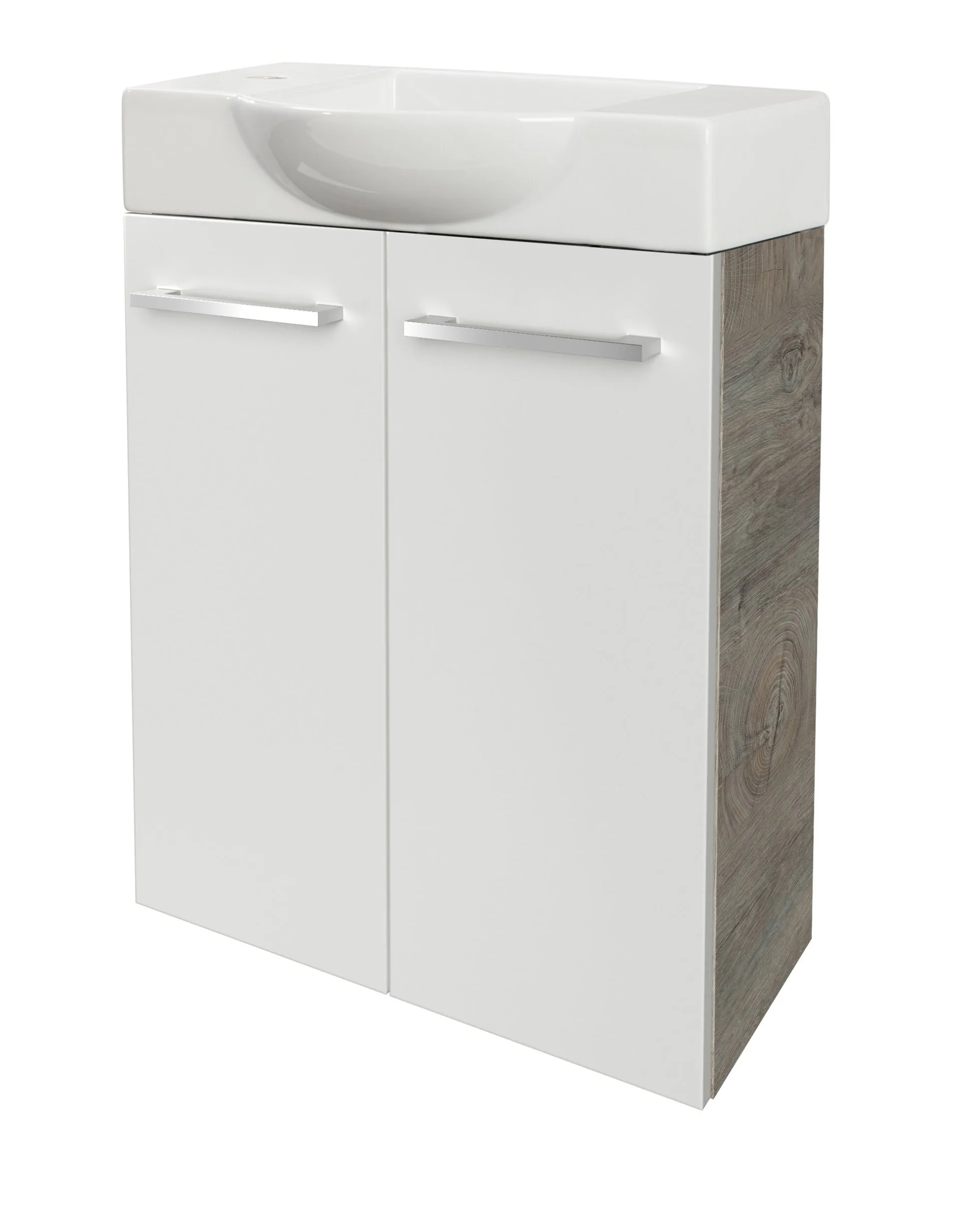 FACKELMANN SBC STANFORD Gäste WC Waschtisch Set 55 cm breit, Weiß/Braun hell, Waschbecken Keramik Weiß, Hahnloch links