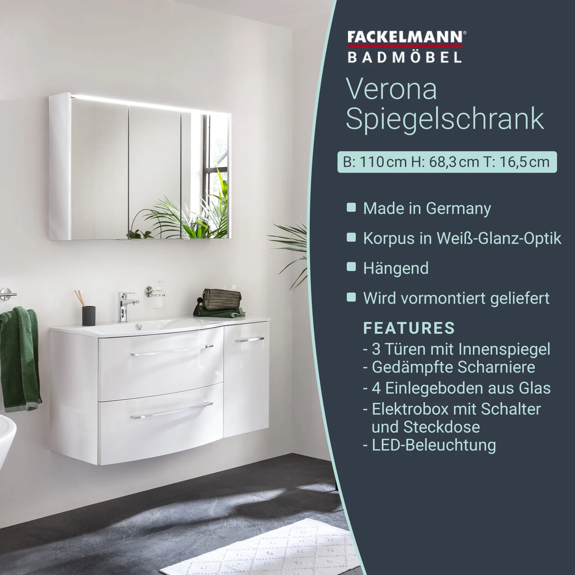 FACKELMANN VERONA LED Spiegelschrank 110 cm breit, Weiß Hochglanz