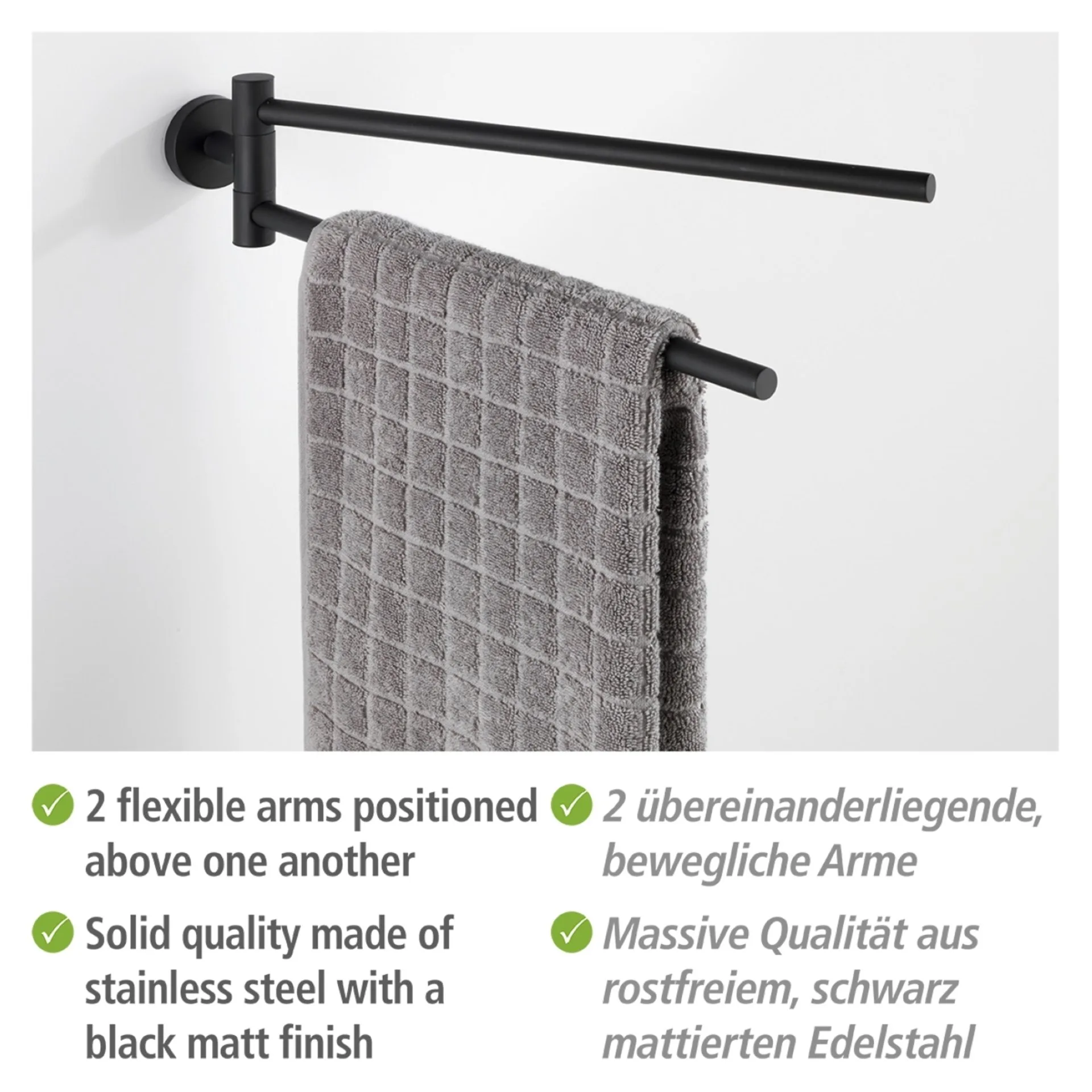 WENKO BOSIO Handtuchhalter und Kleber, Schwarz matt, Befestigen ohne Bohren