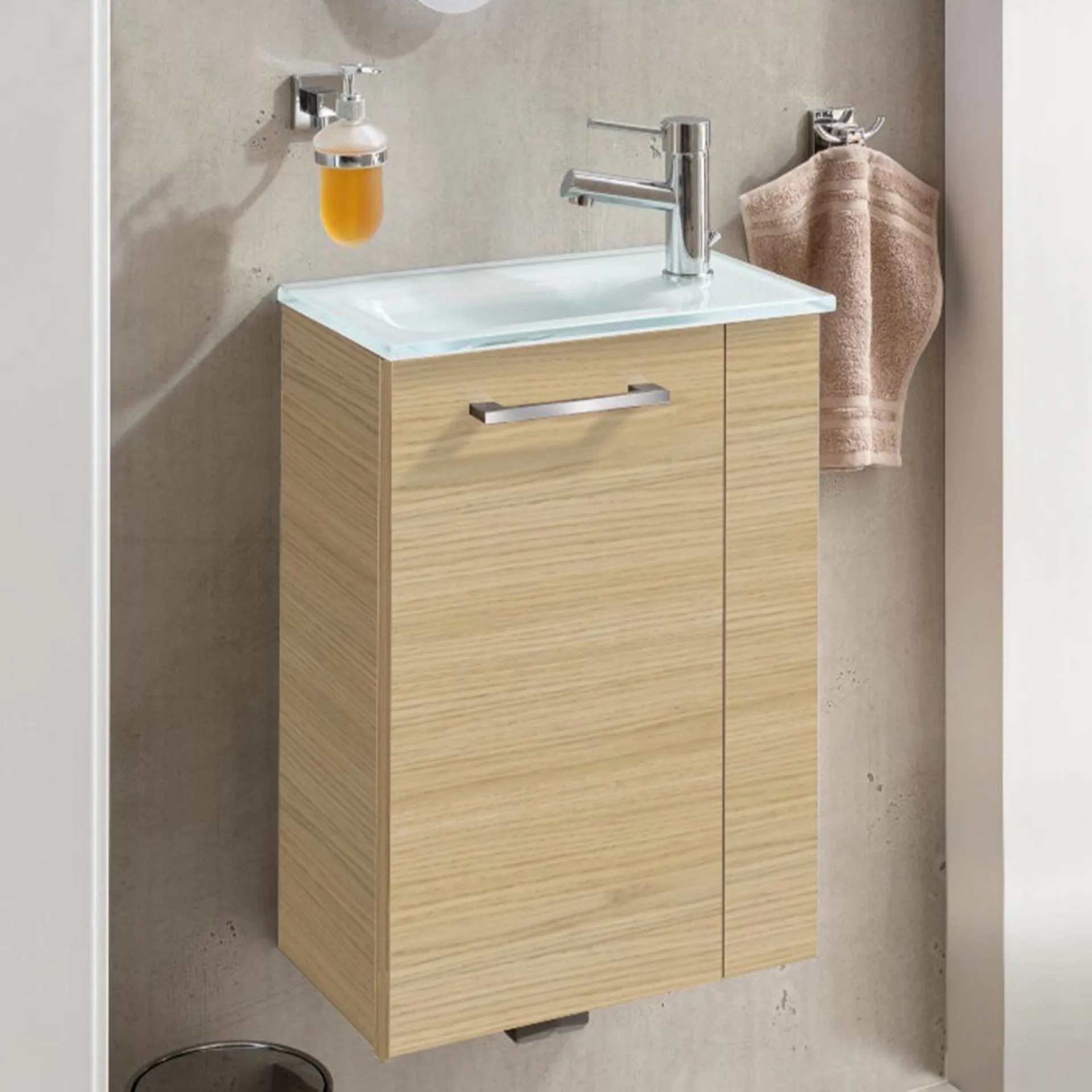 FACKELMANN SBC B.STYLE Waschbeckenunterschrank Gäste WC 45 cm breit, Braun, Türanschlag links