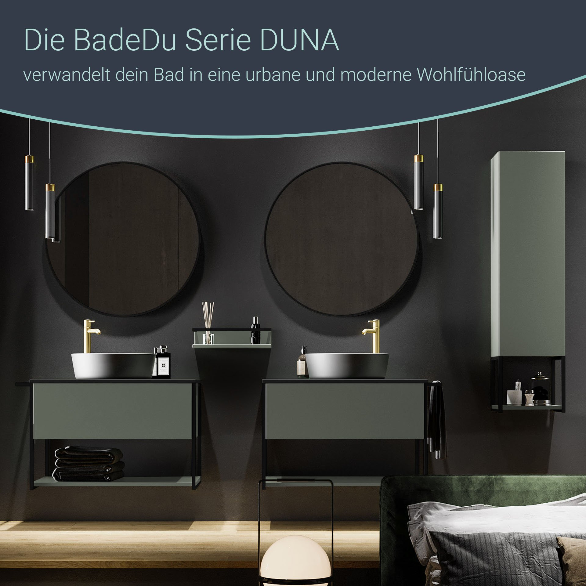 BADEDU DUNA Waschbecken mit Unterschrank 80 cm breit, Grün, Aufsatzwaschbecken Keramik Weiß, Waschtischplatte Anthrazit