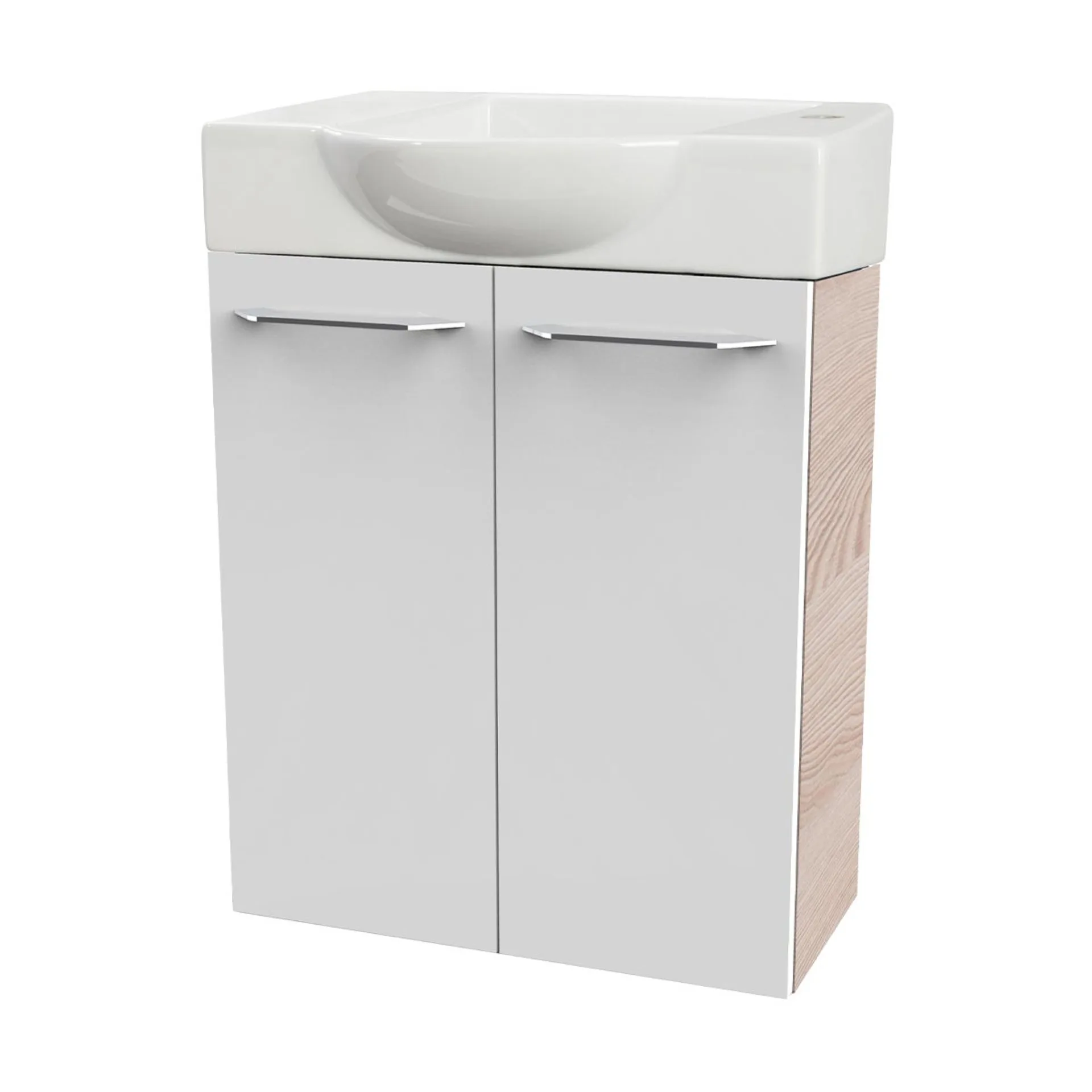FACKELMANN SBC B.CLEVER Gäste WC Waschtisch Set 55 cm breit, Weiß/Braun hell, Waschbecken Keramik Weiß, Hahnloch rechts