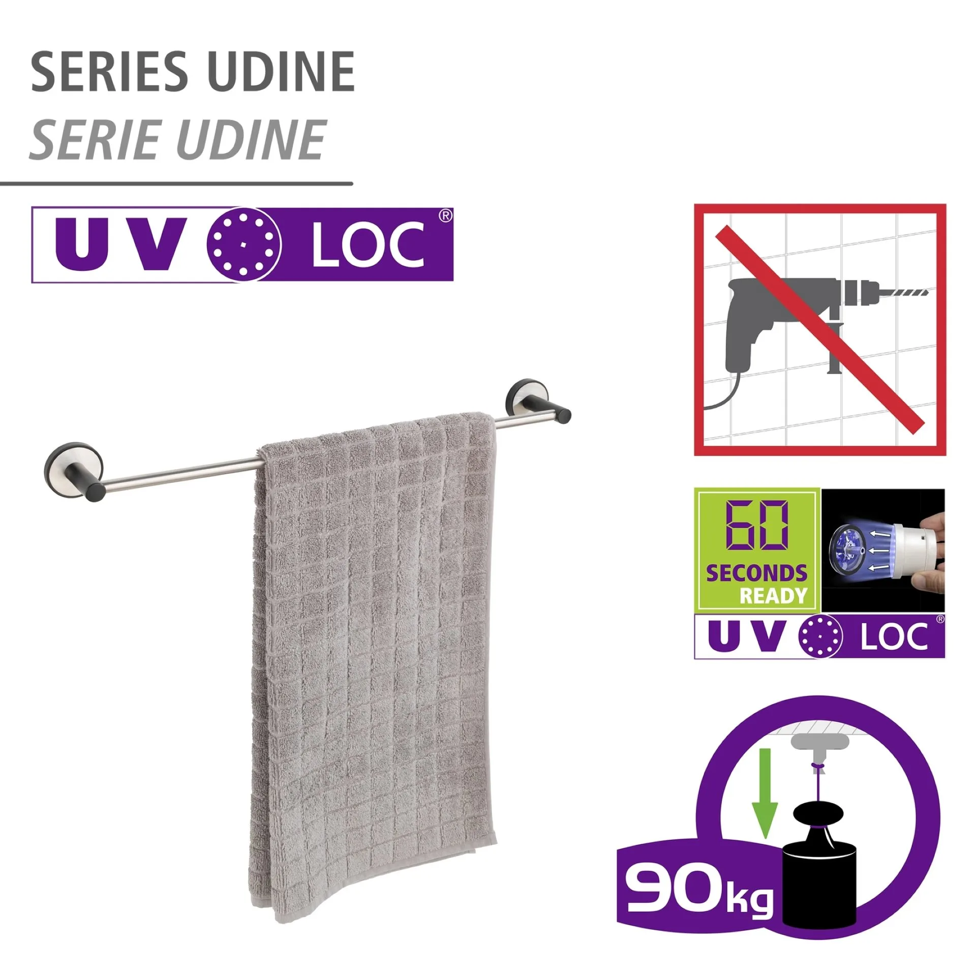 WENKO UDINE Handtuchhalter 60 cm breit, Chrom/Schwarz, UV-Loc