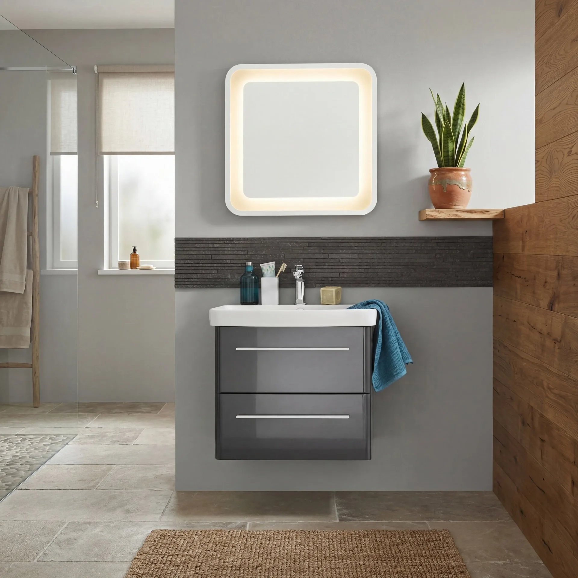 LANZET K8 Waschtisch Set mit Spiegel 60 cm breit, Anthrazit, Waschbecken Keramik Weiß