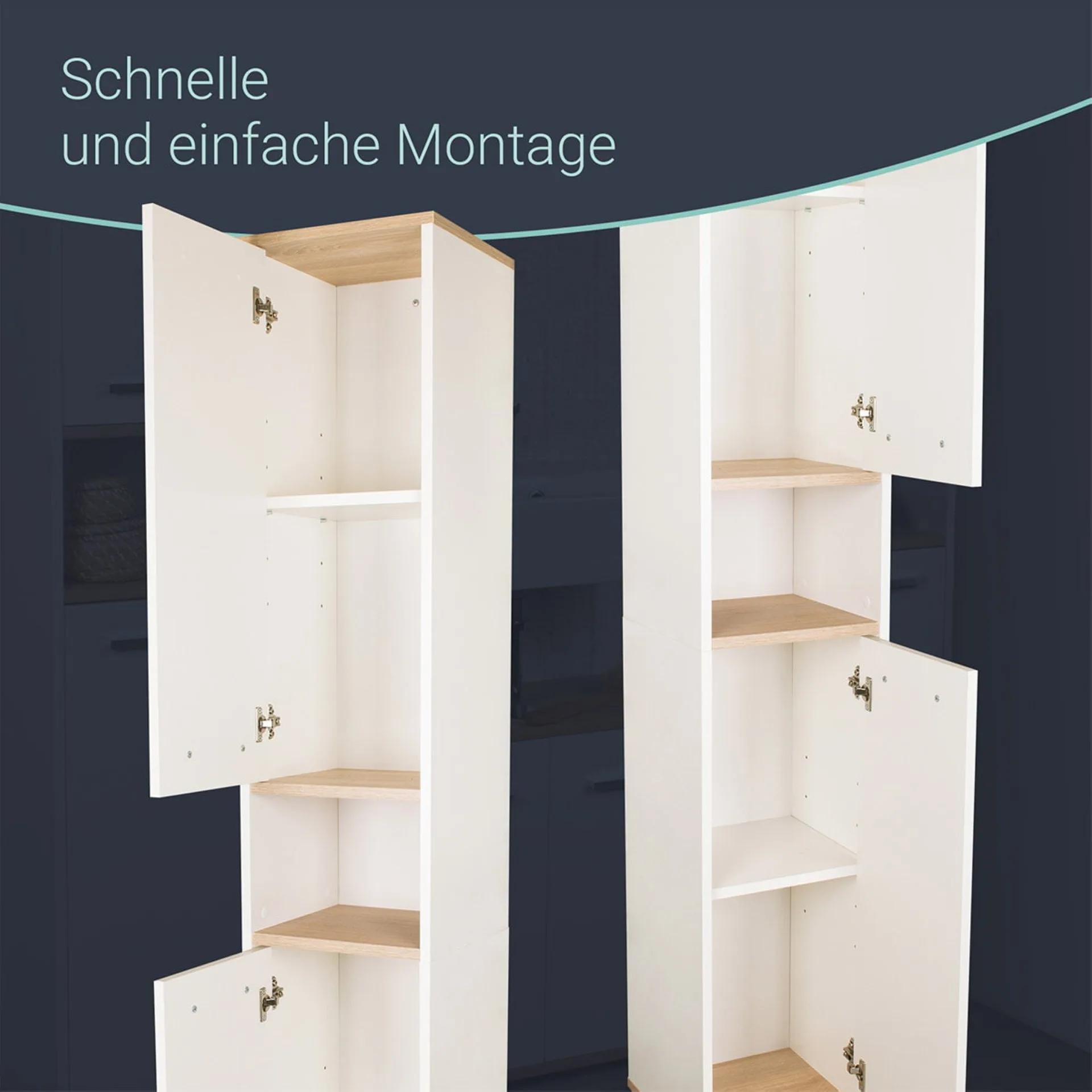BADEDU ARC Hochschrank 30 cm breit, Weiß/Braun hell