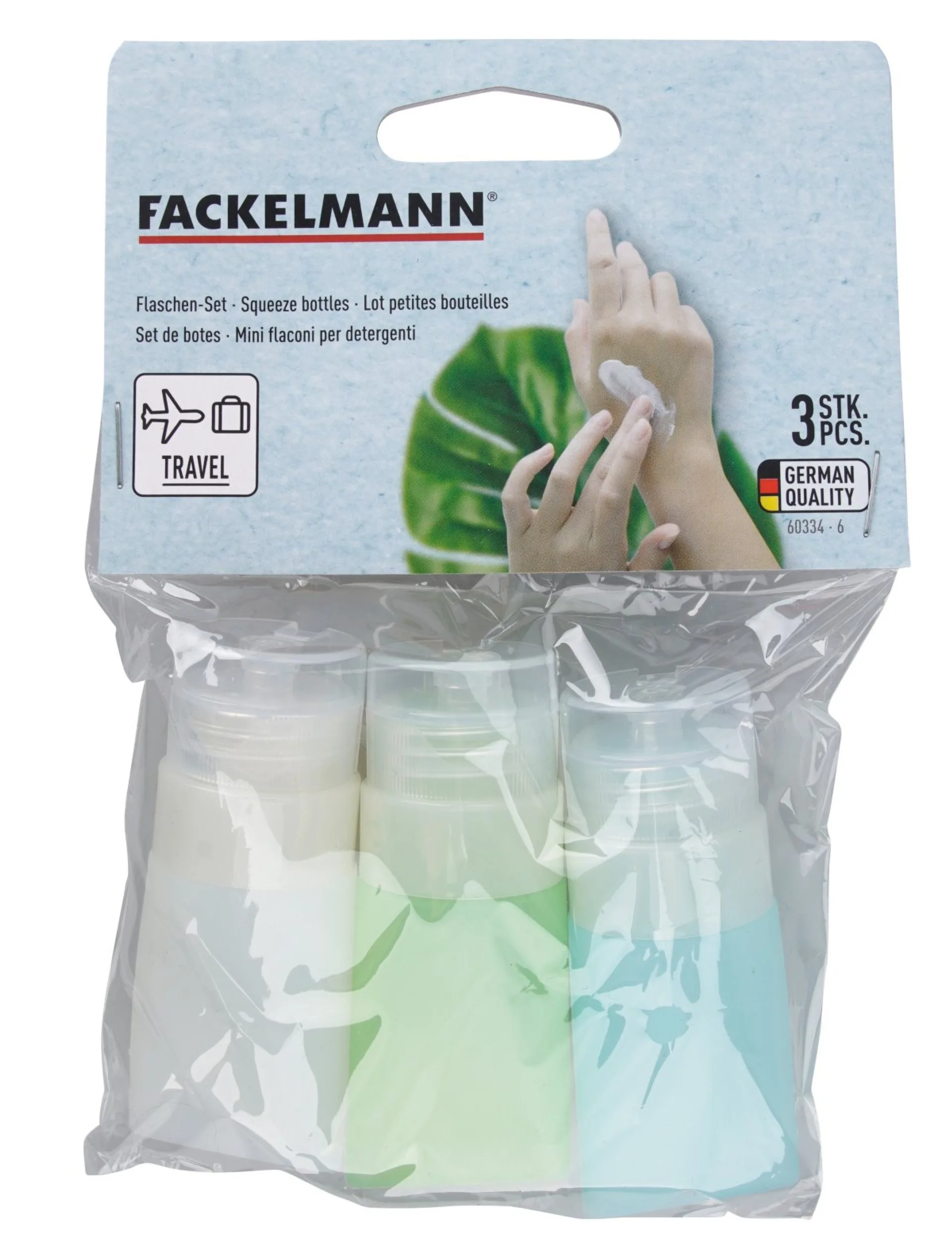 FACKELMANN Reisefläschchen je 20 ml, Weiß/grün/Blau, 3er Set