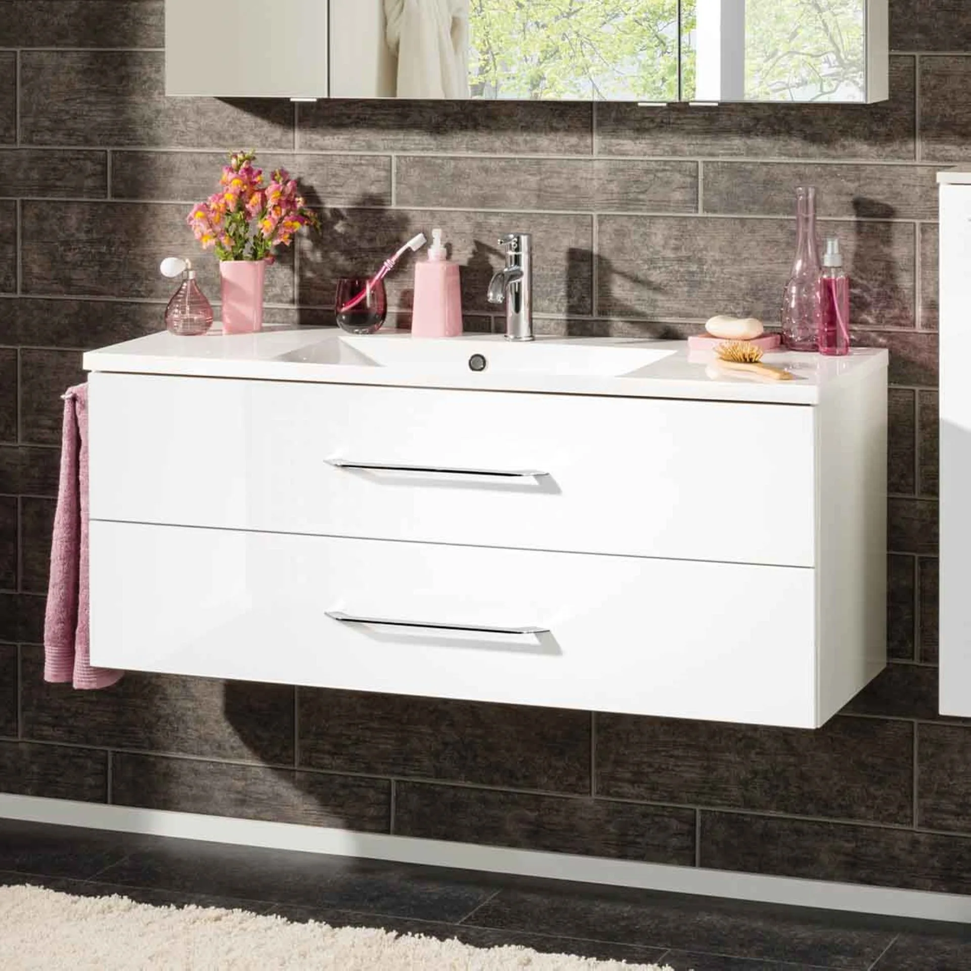 FACKELMANN B.CLEVER Waschbecken mit Unterschrank 120 cm breit, Weiß, Waschbecken Gussmarmor Weiß