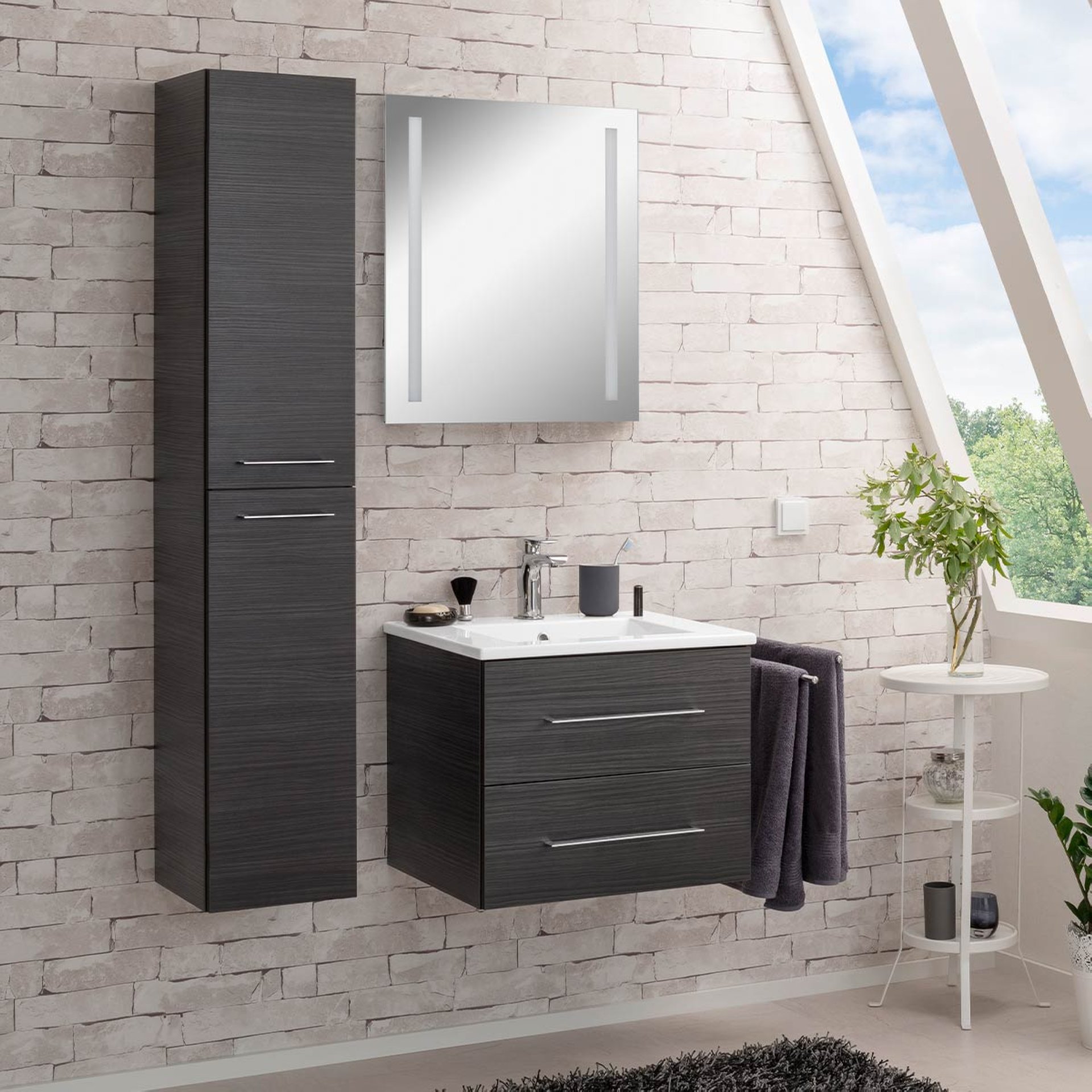 FACKELMANN B.PERFEKT Waschtisch Set mit Spiegel 62 cm breit, Anthrazit, Waschbecken Keramik Weiß