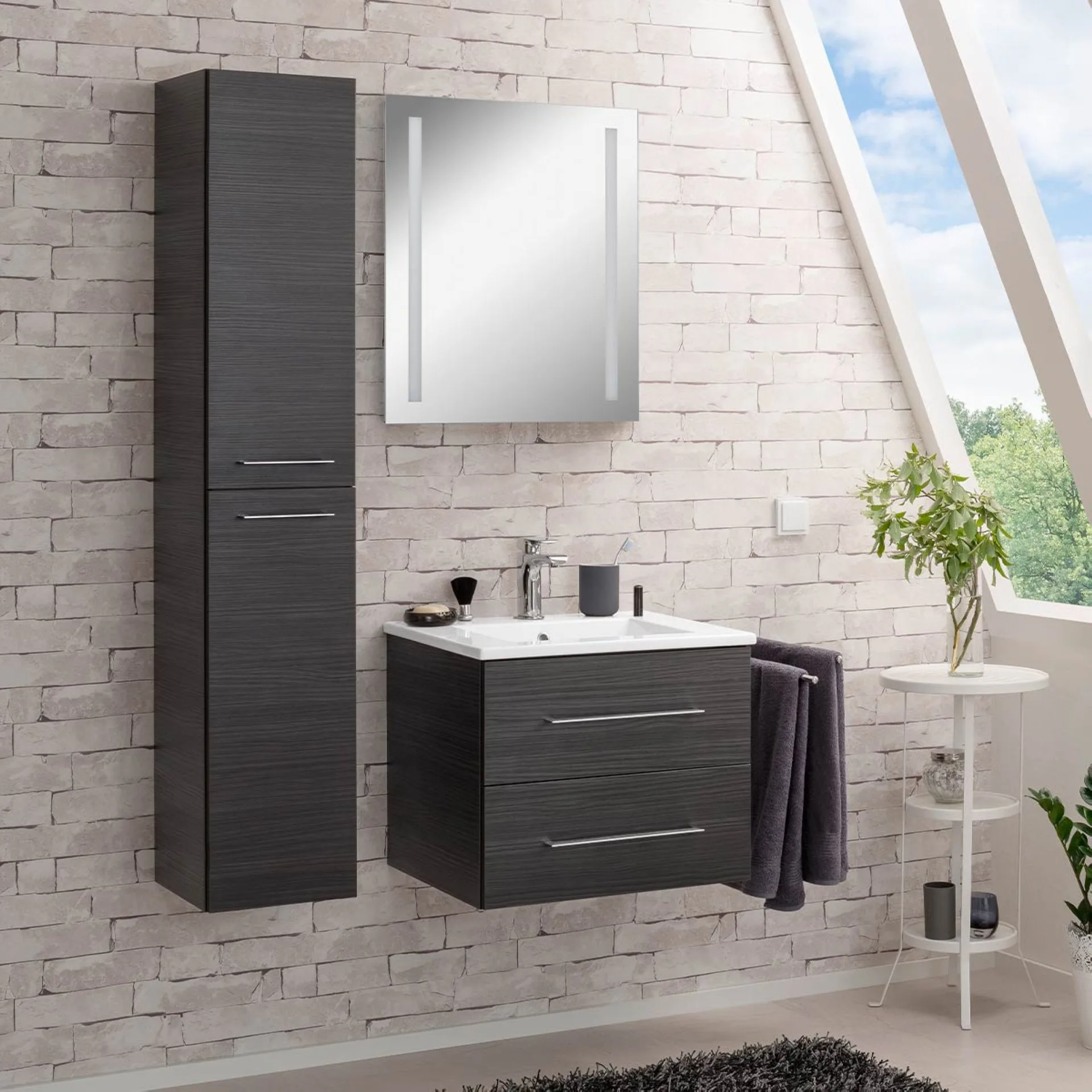FACKELMANN B.PERFEKT Waschtisch Set mit Spiegel 62 cm breit, Anthrazit, Waschbecken Keramik Weiß