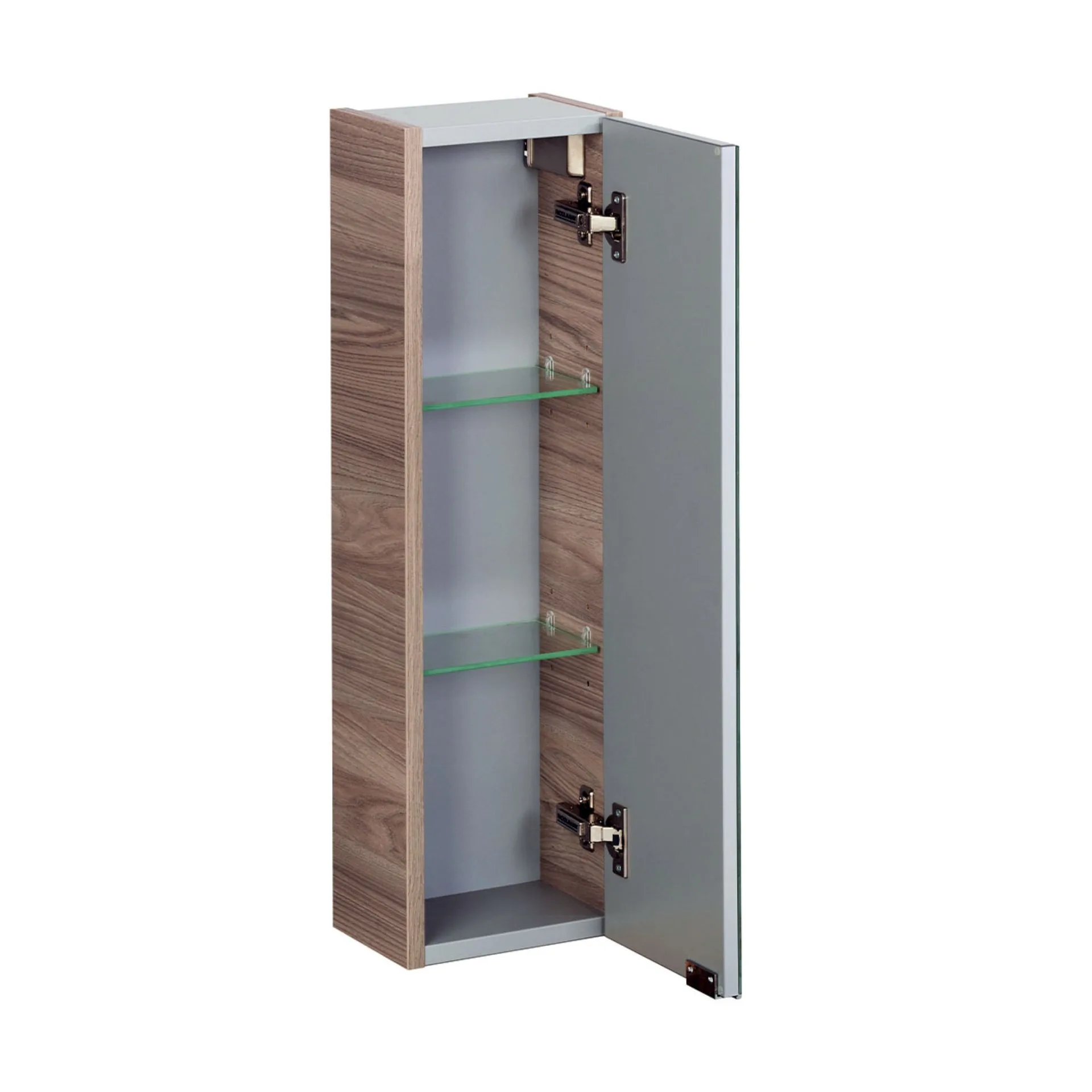 FACKELMANN LUXOR Badmöbel Set 7-teilig 120 cm breit, Weiß/Braun hell, Waschbecken Gussmarmor Weiß + LED Spiegelschrank + Hängeschränke + Unterschränke mit Spiegelfläche