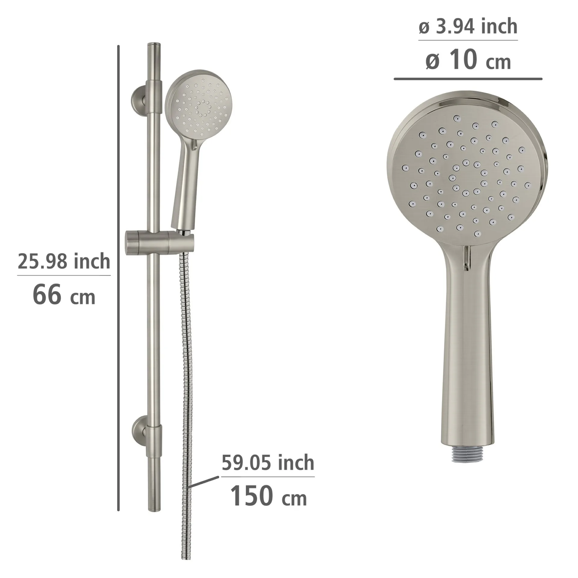 WENKO YOUNG Stangenbrause Set 66 cm, Silber matt, 3 verschiedene Wasserstrahlarten