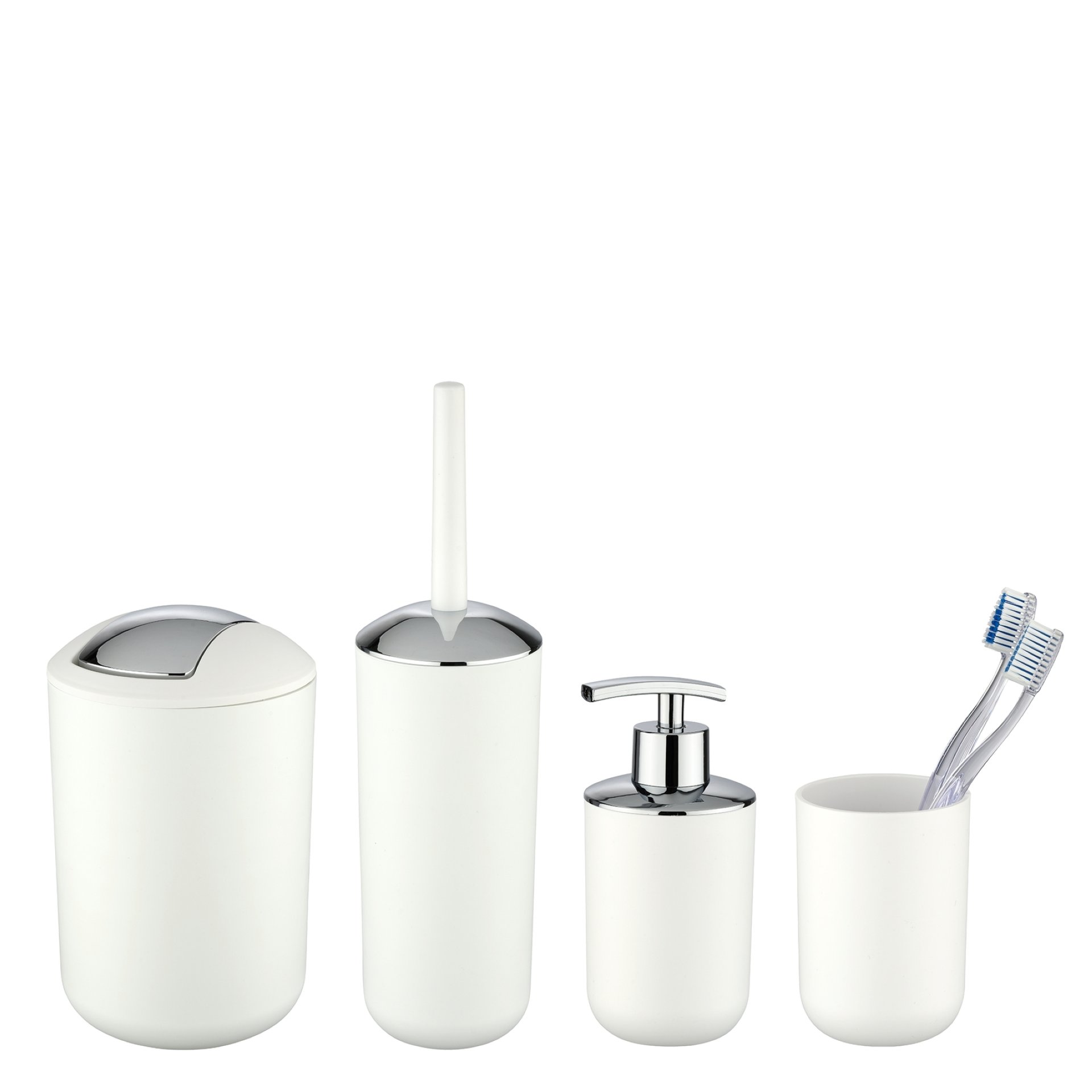 WENKO BRASIL Accessoire Set 4-teilig, Weiß, Zahnputzbecher, Seifenspender, WC-Garnitur, Kosmetikeimer