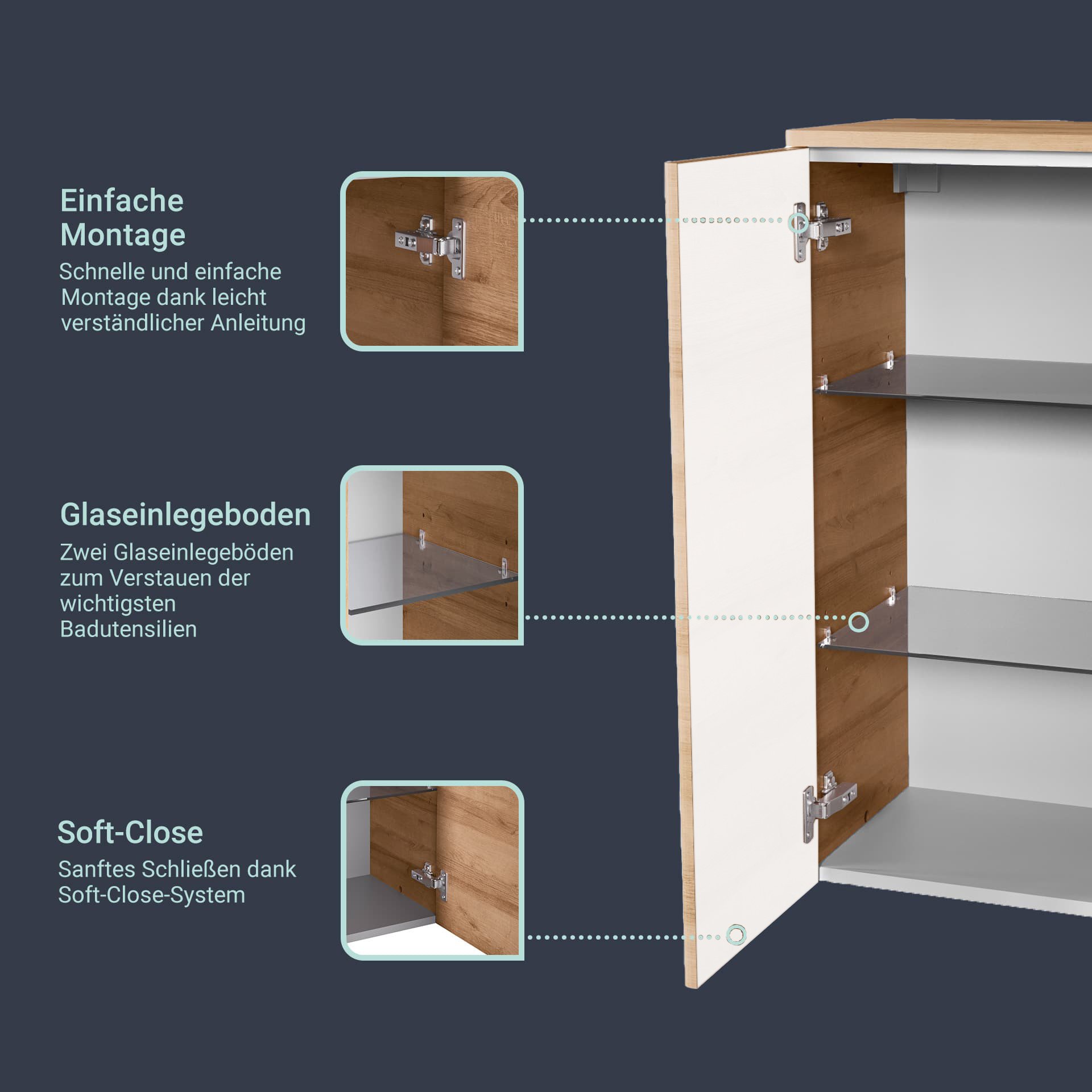 FACKELMANN MILANO Badmöbel Set 4-teilig 88 cm breit, Braun hell, Waschbecken Keramik Weiß + LED Spiegelschrank + Doppel Midischrank