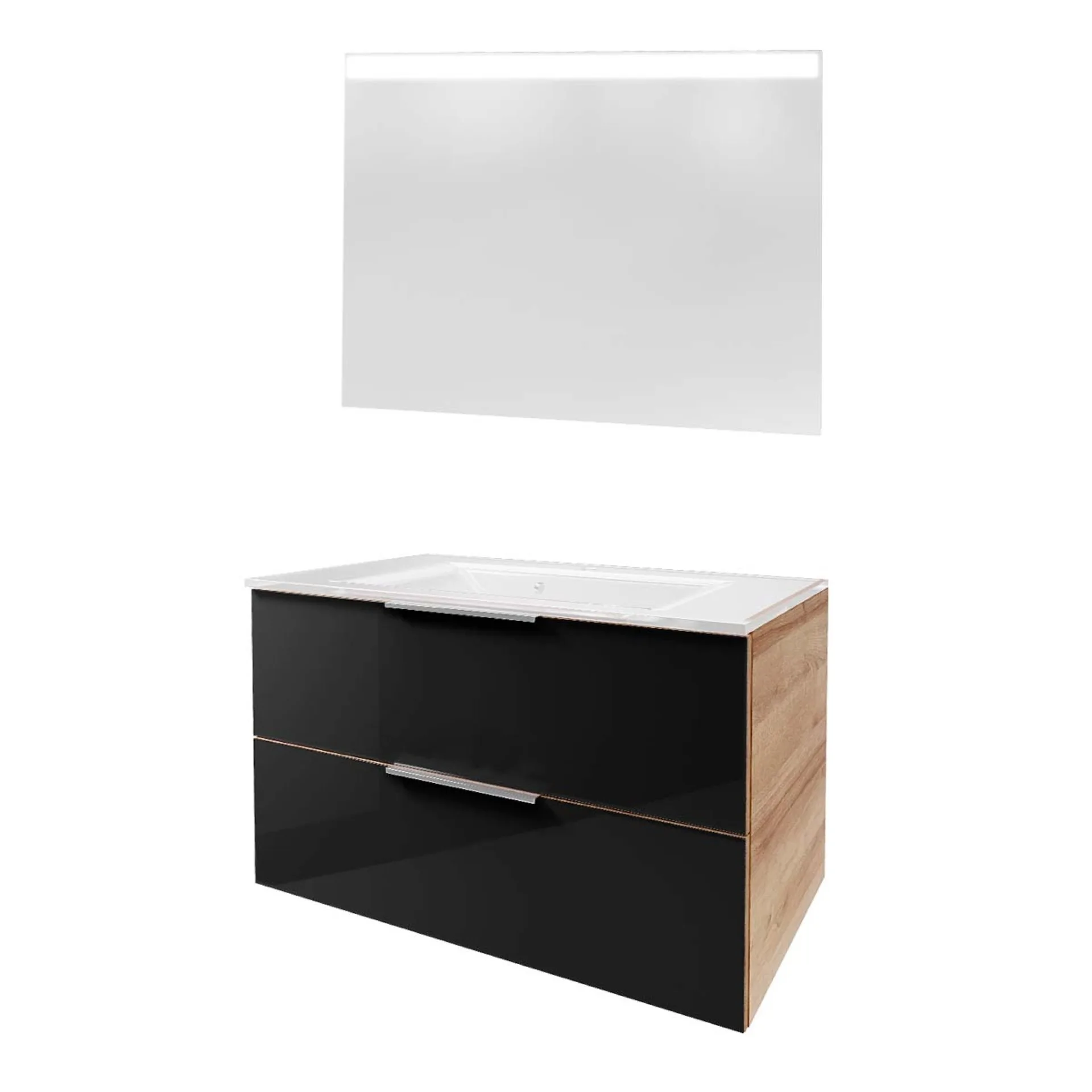 FACKELMANN B.BRILLANT Waschtisch Set mit Spiegel 100 cm breit, Anthrazit Glas/Braun hell, Waschbecken Glas Weiß