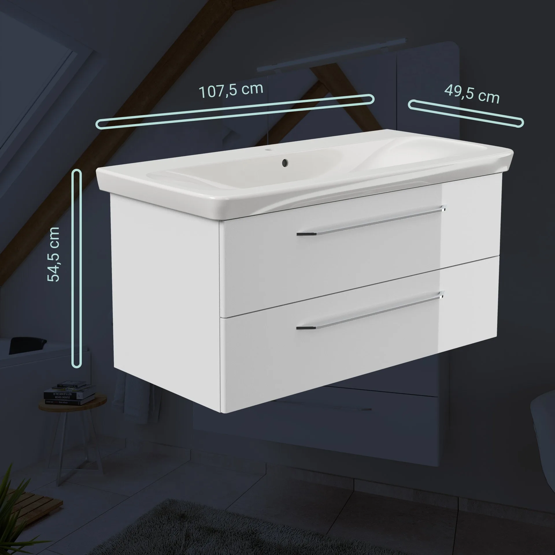 FACKELMANN MILANO Waschbecken mit Unterschrank 107 cm breit, Weiß, Waschbecken Keramik Weiß