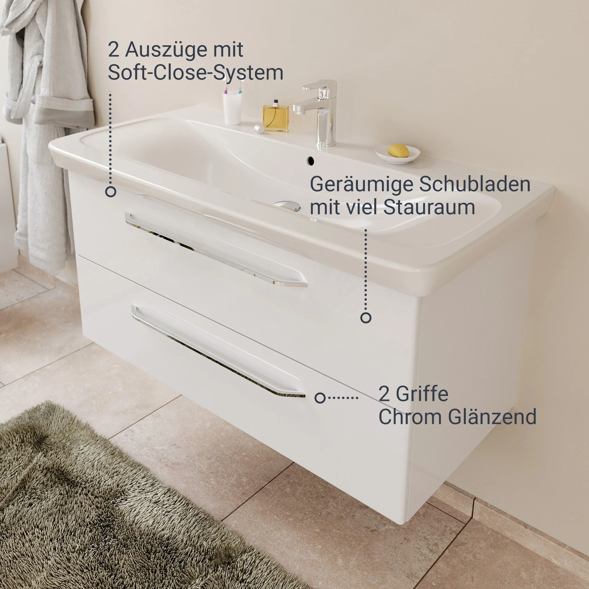 FACKELMANN MILANO Waschbecken mit Unterschrank 107 cm breit, Weiß, Waschbecken Keramik Weiß