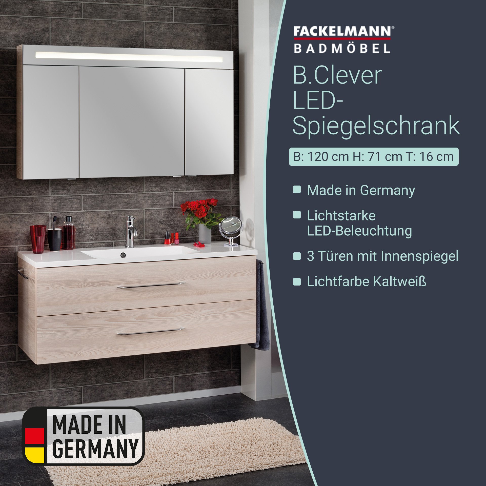 Fackelmann B.CLEVER LED Spiegelschrank 120 cm Braun hell