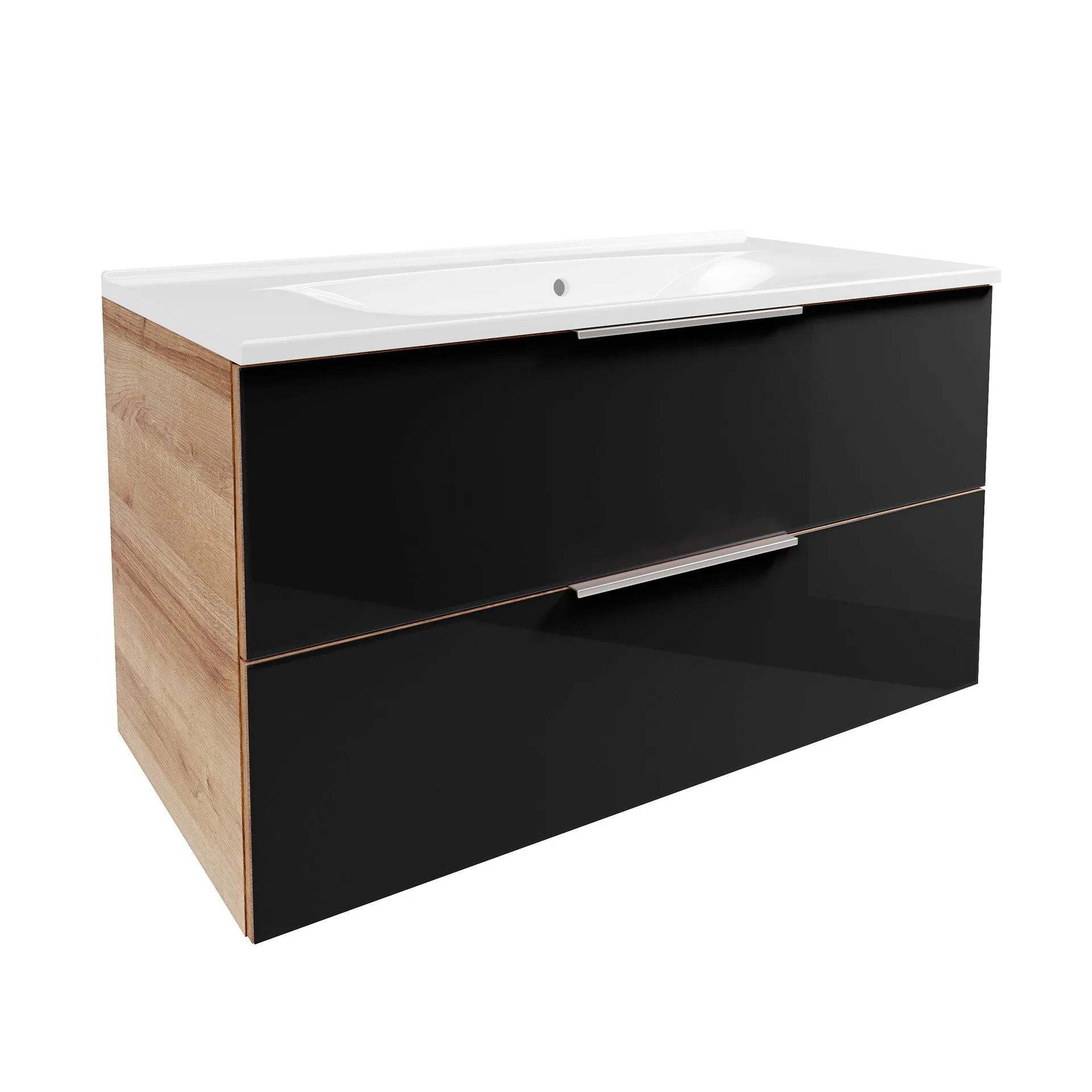FACKELMANN B.BRILLANT Waschbecken mit Unterschrank 100 cm breit, Anthrazit Glas/Braun hell, Waschbecken Gussmarmor Weiß