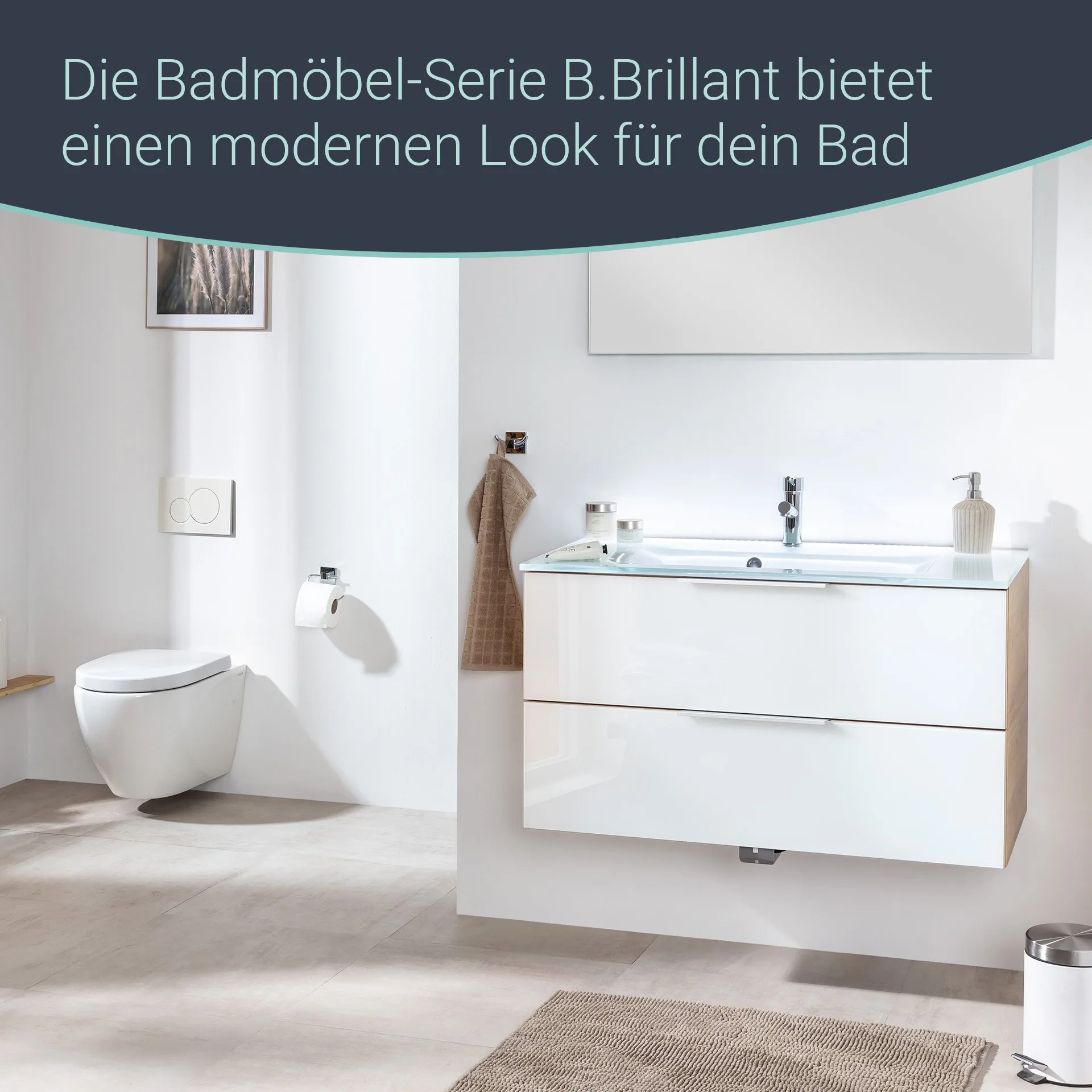 FACKELMANN B.BRILLANT Waschbecken mit Unterschrank 100 cm breit, Weiß Glas/Braun hell, Waschbecken Glas Weiß